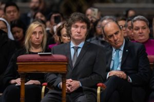 <p>Argentine president Javier Milei (centre), sits with his general secretary and sister Karina Milei (left), and interior minister Guillermo Francos (right), at the Vatican in February. His often controversial comments on Argentina’s foreign relations have caused friction with several nations, including China and the Vatican. (Image: Stefano Costantino / Alamy)</p>