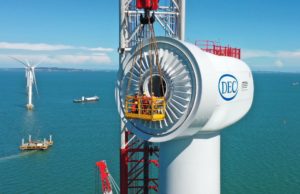 <p>Workers installing an offshore wind turbine in Fuqing, Fujian province (Image: Lin Shanchuan / Alamy)</p>