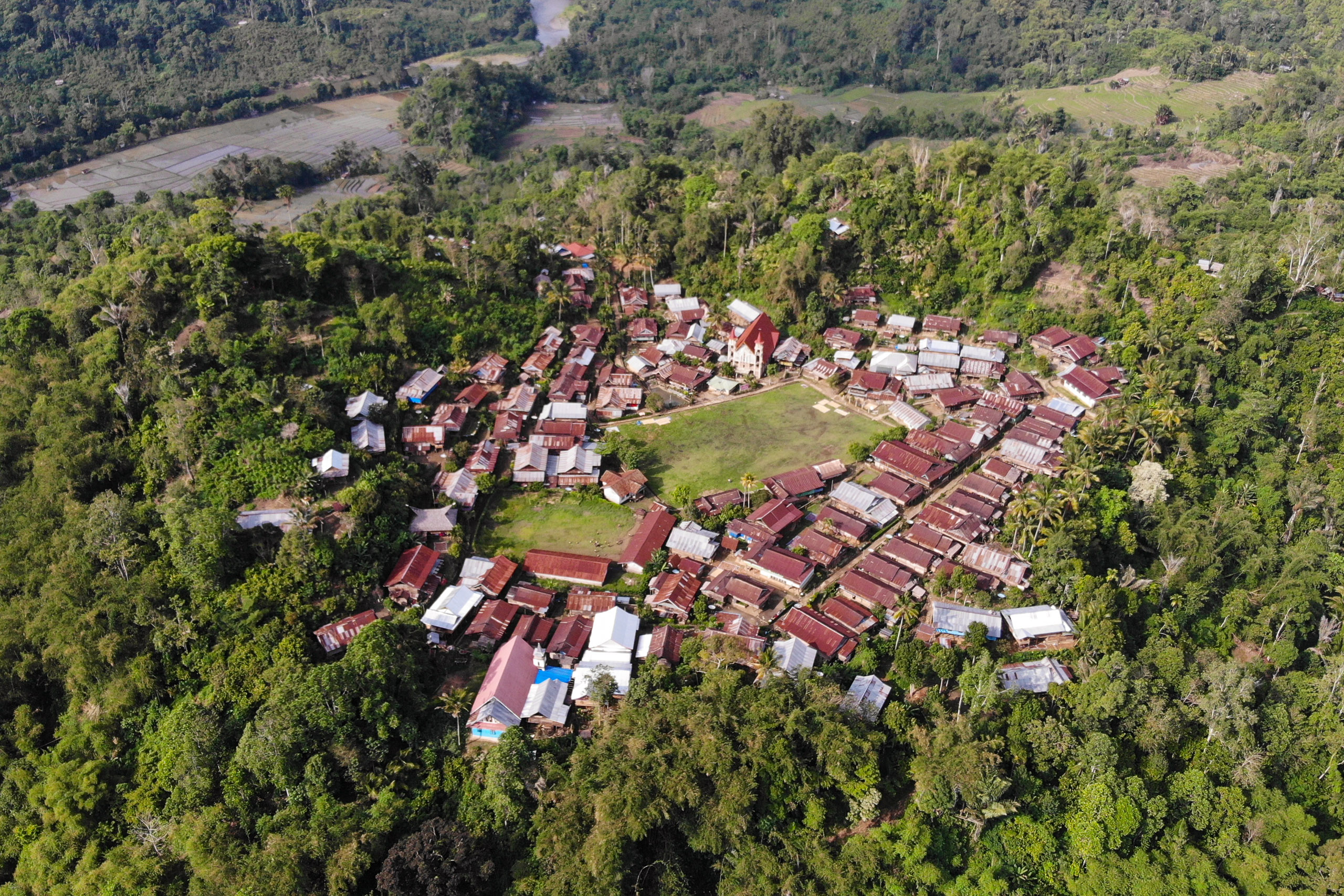 aerial view of a village with densely packed red-roofed houses surrounded by lush green forest