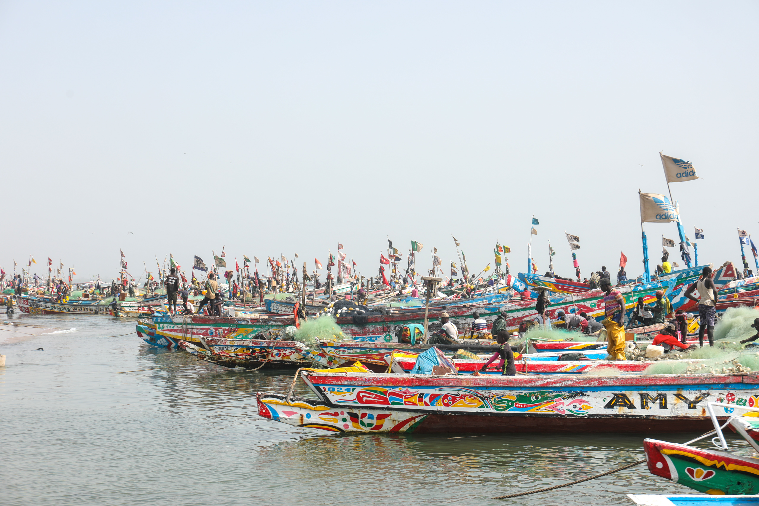 people in row of colourful boats