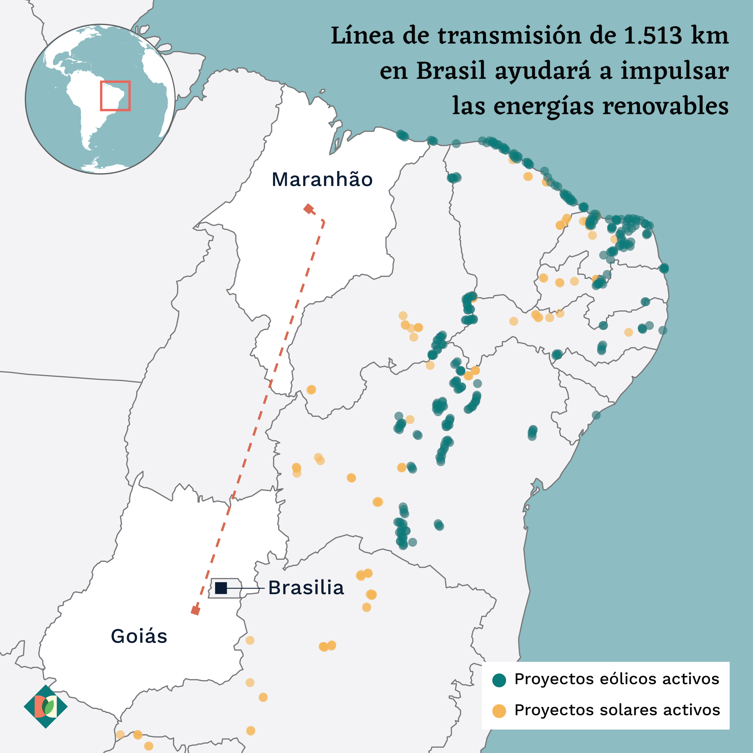 Mapa que muestra el recorrido de una línea de transmisión energética en Brasil