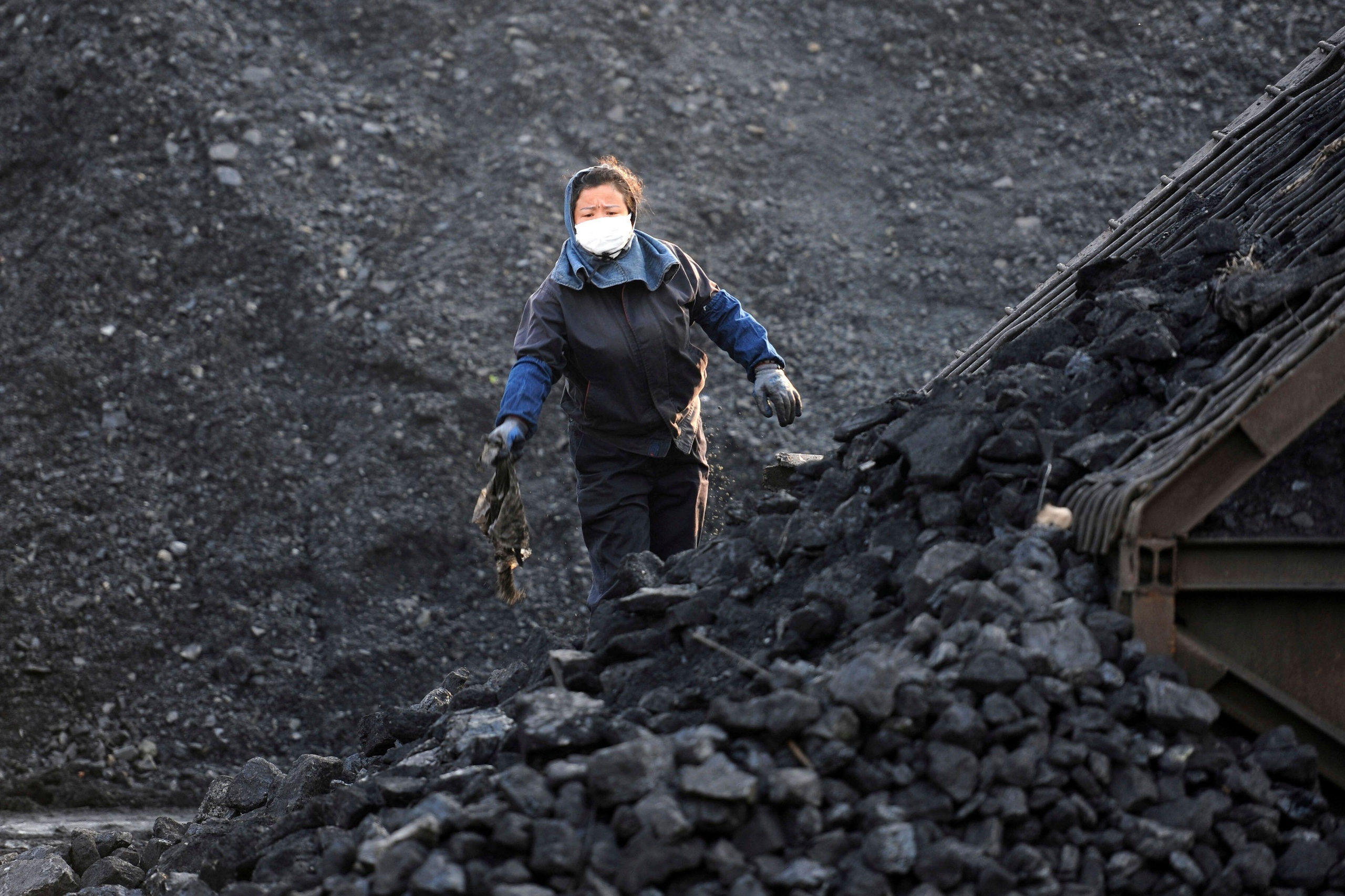 A worker looks up from sorting coal at the yard of a coal mine