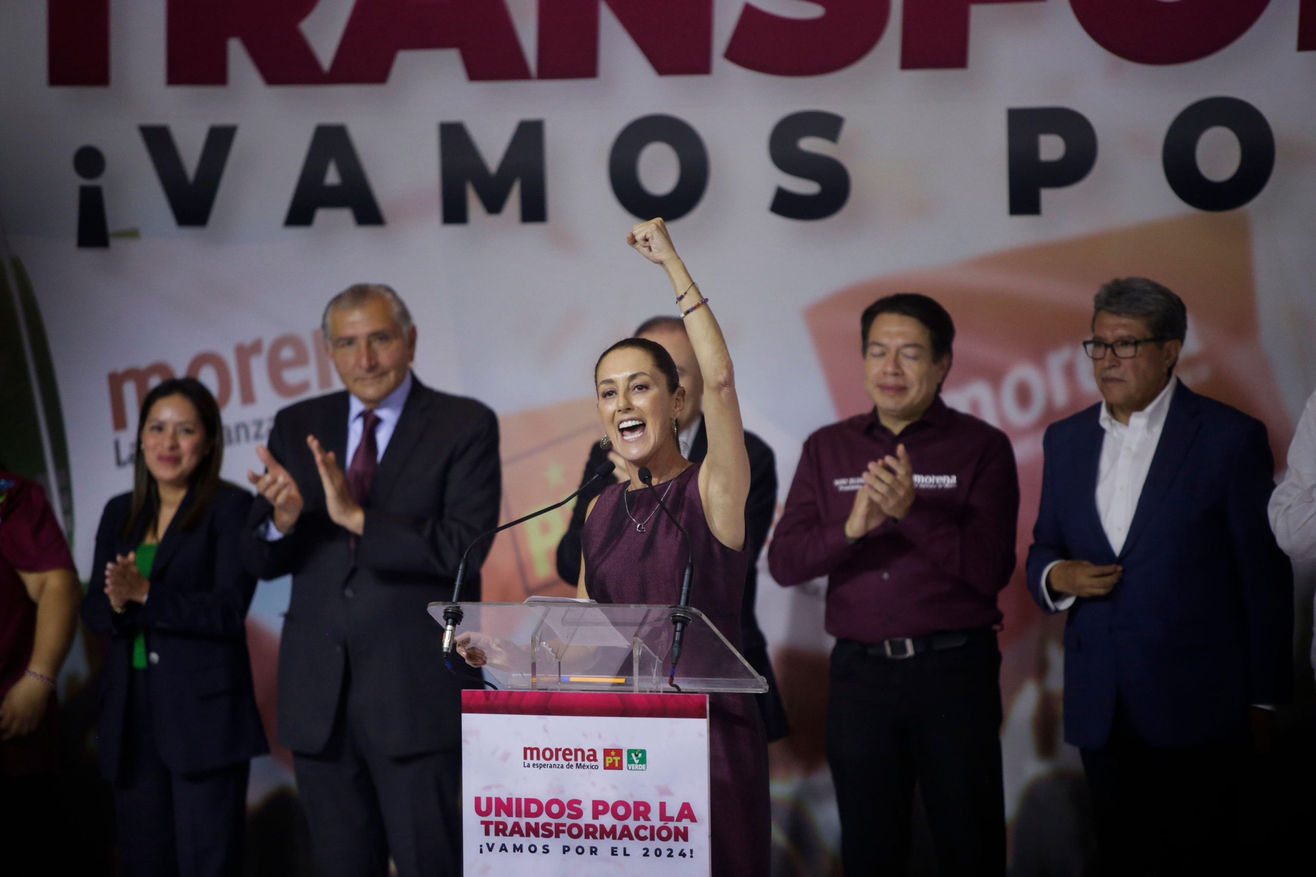 <p>Claudia Sheinbaum celebrates her selection as the presidential candidate for Mexico’s governing party, Morena, in September 2023. The former Mexico City mayor leads the polls and is widely expected to win the 2 June election. (Image: Luis E Salgado / Alamy)</p>
