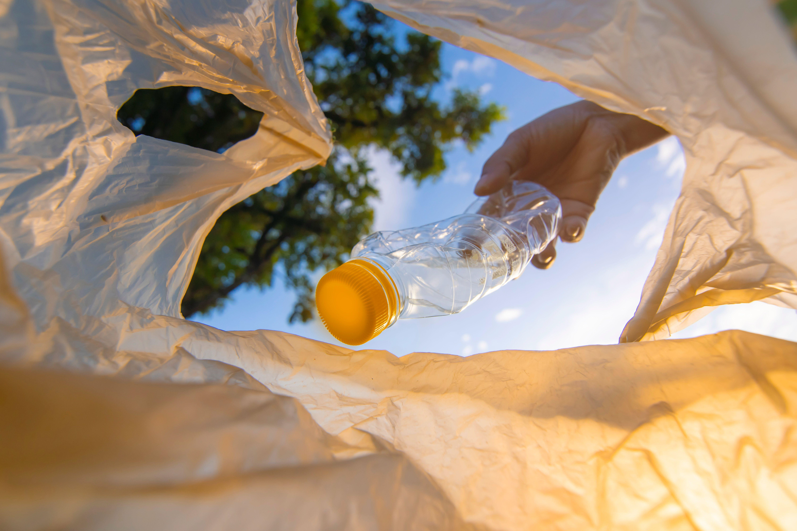 <p>A volunteer removes plastic waste from a public park. A global agreement to limit plastic pollution is meant to be completed this year. (Image: Alamy)</p>