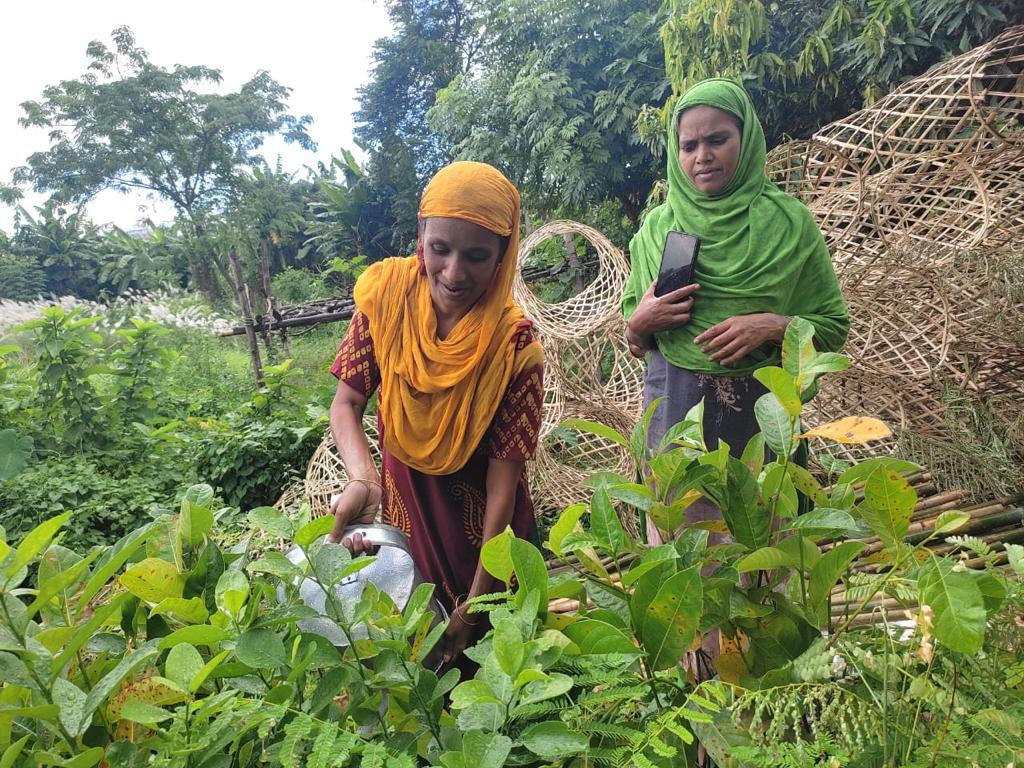 Two women water saplings in a garden