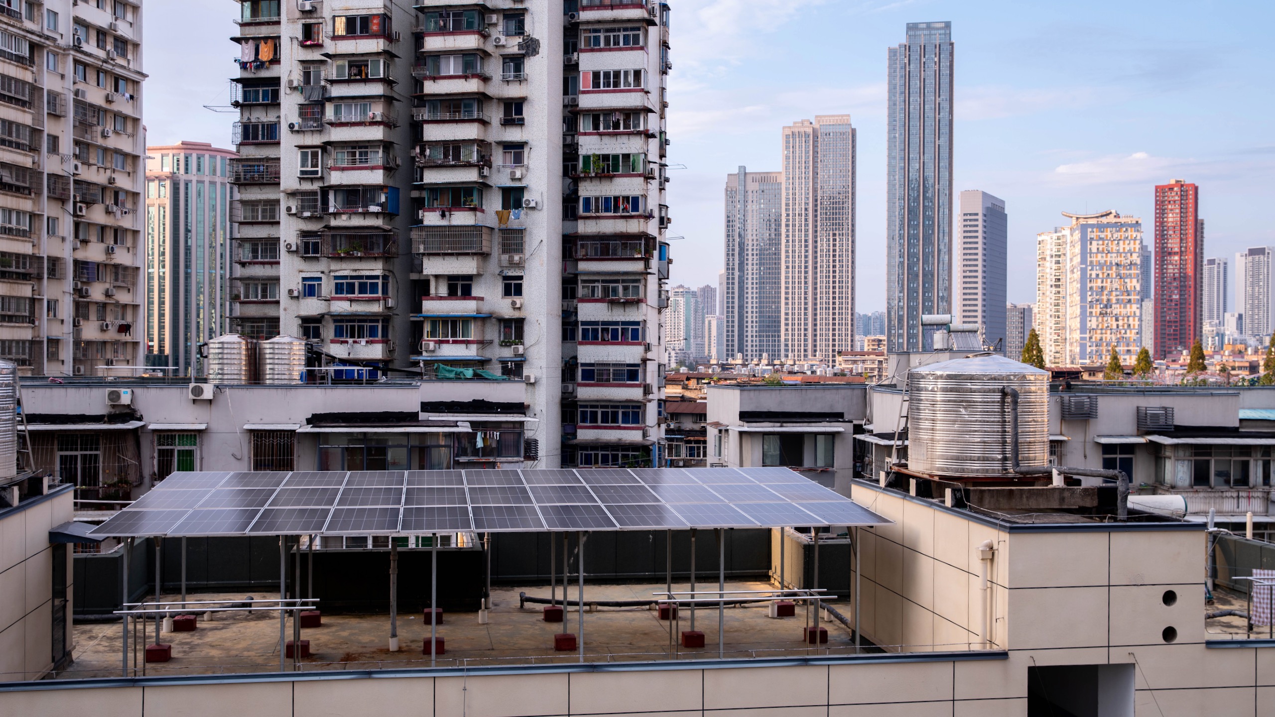 Solar panels on the roof of a residential building