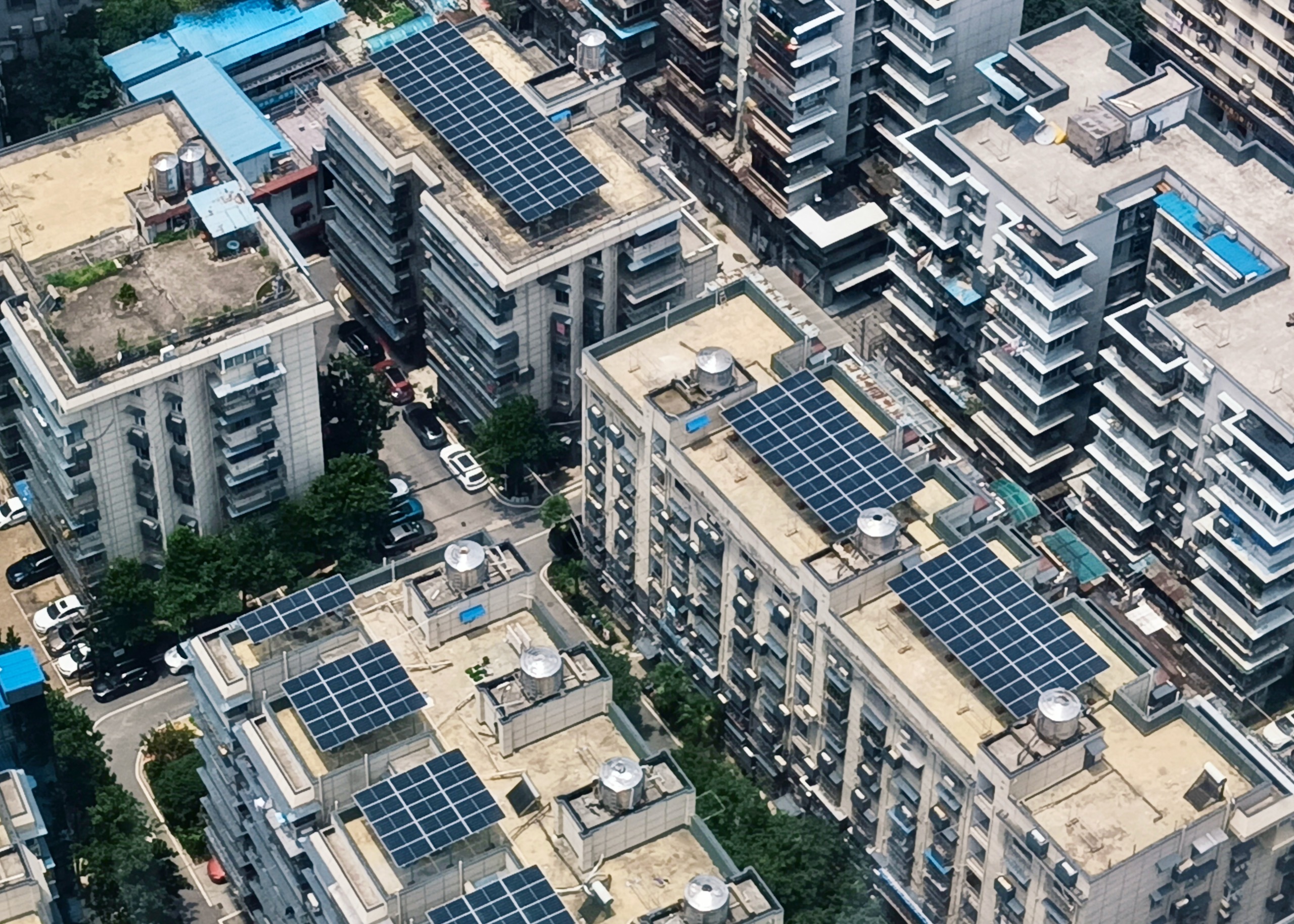 Rooftop solar panels on residential buildings