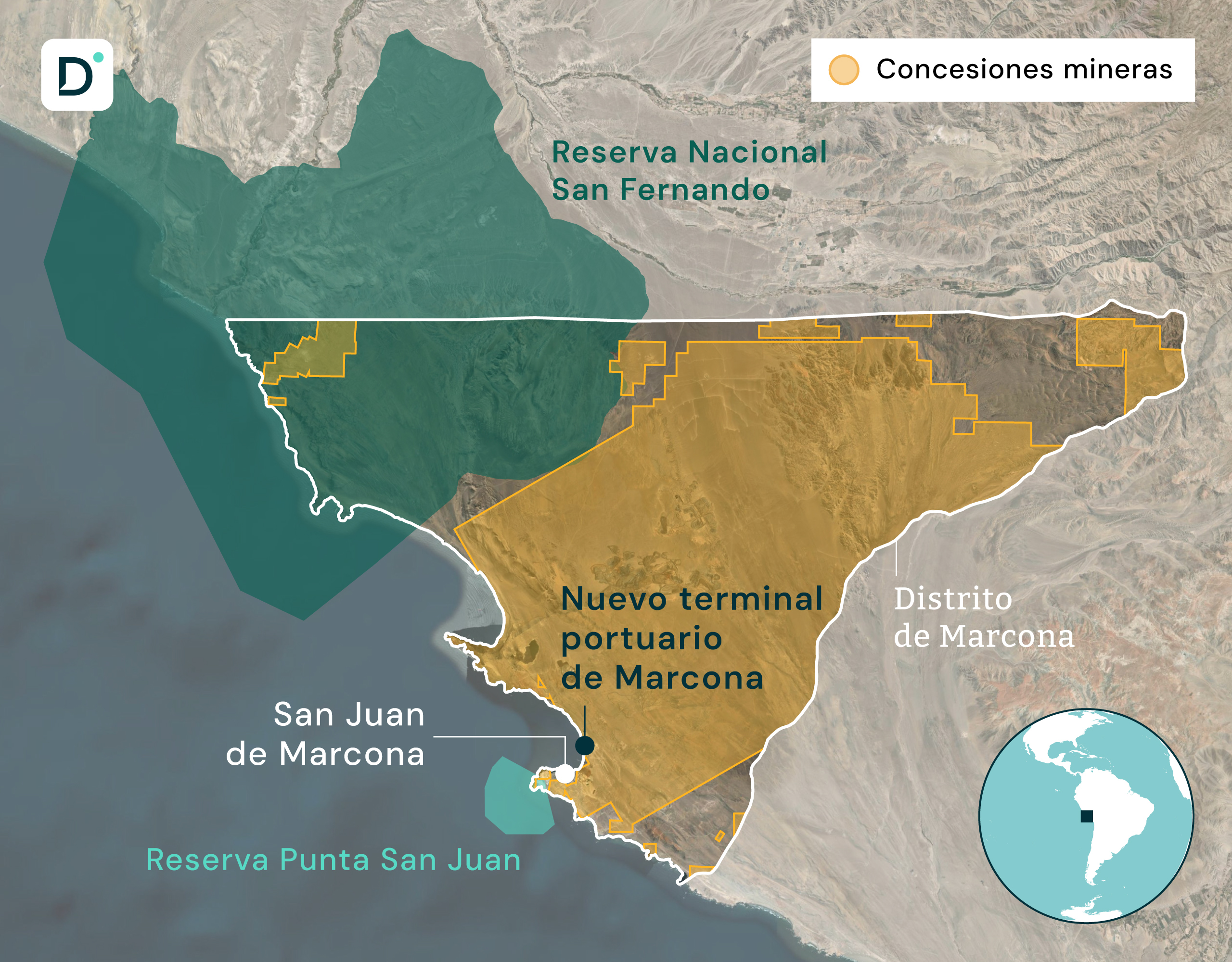 Mapa que muestra las concesiones cercanas en Marcona, Perú