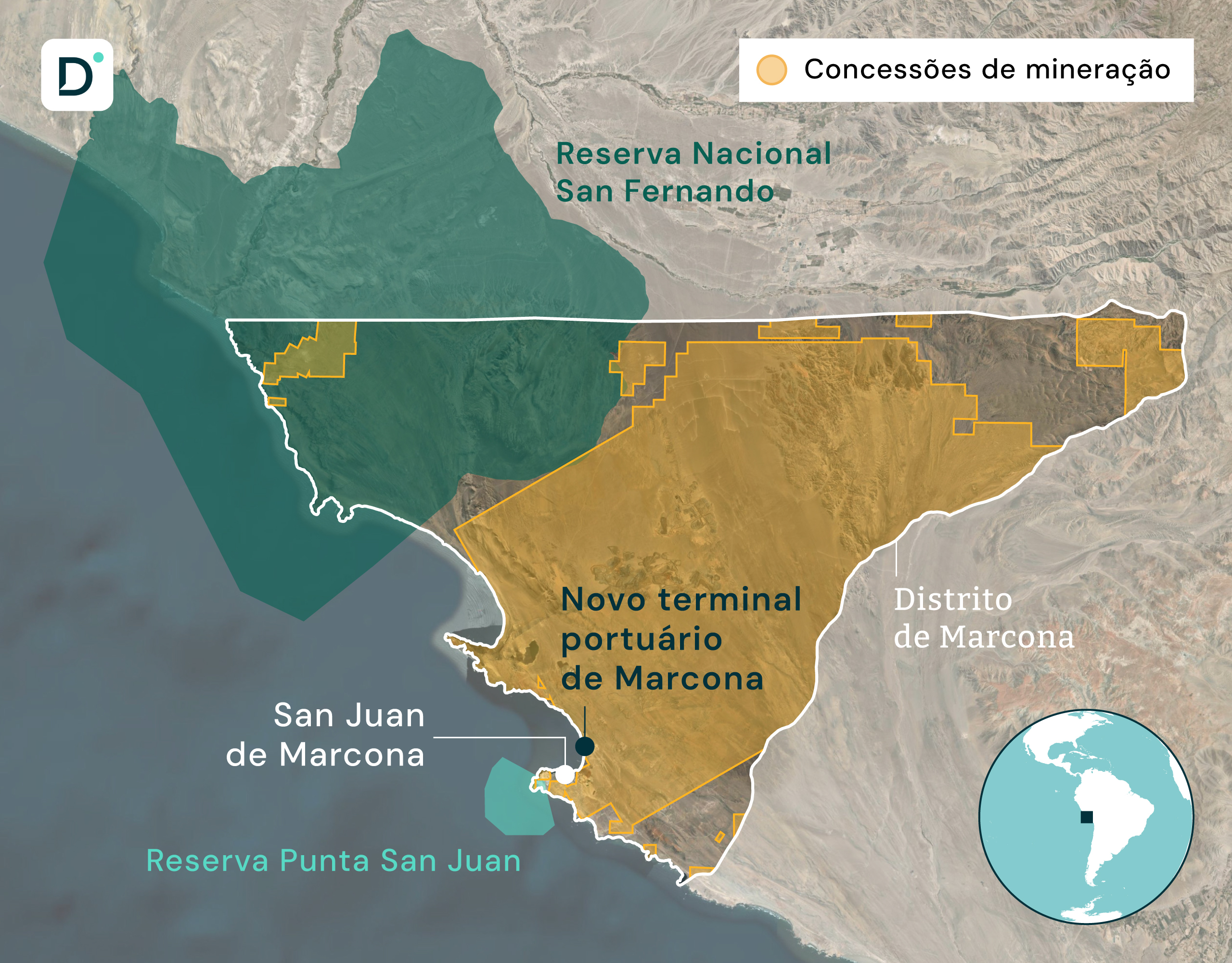 Mapa de terminal portuário de Marcona, no Peru
