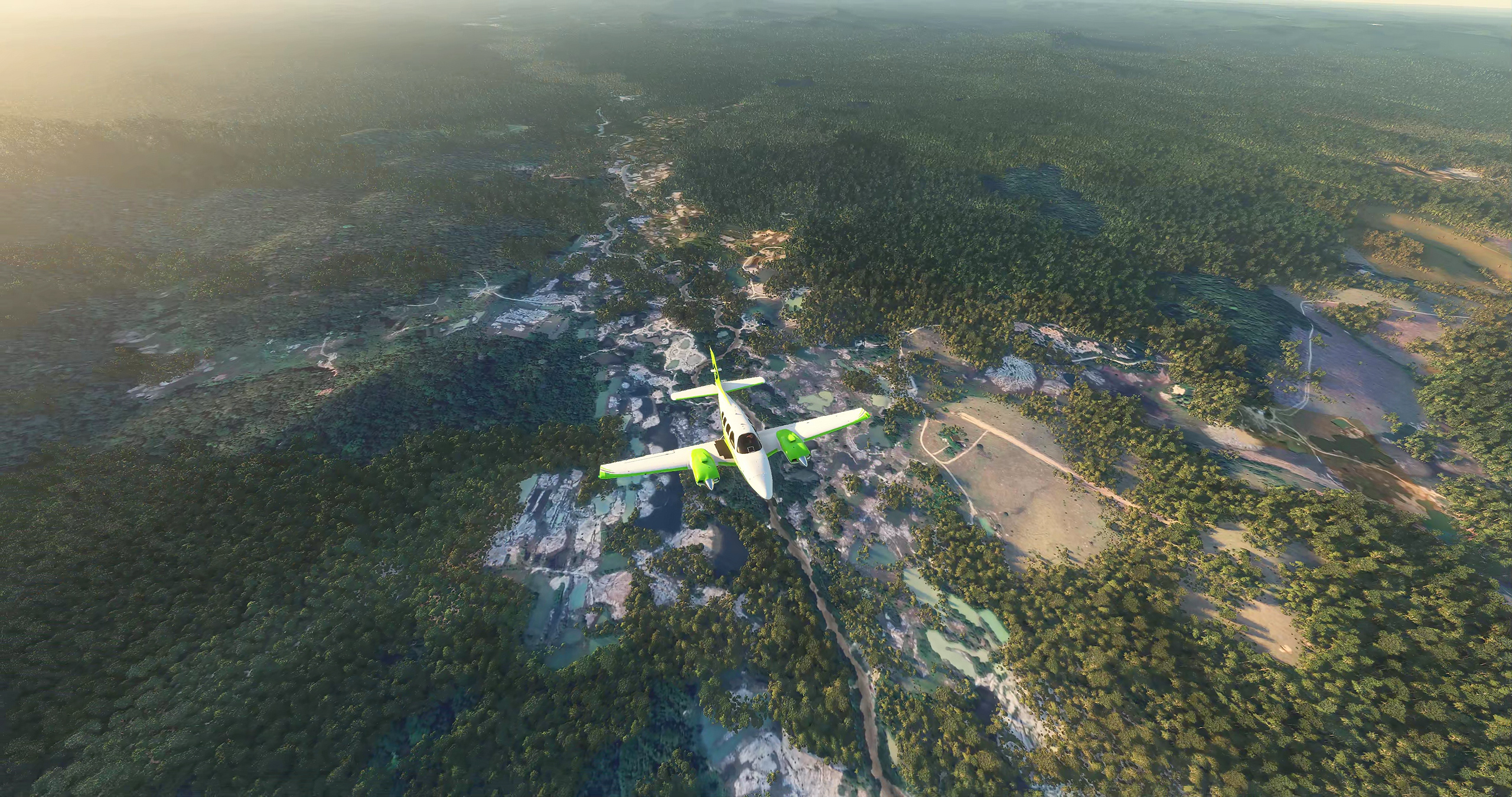 Avião sobrevoa floresta em captura de tela do jogo Flying Guardians, criado pelo Greenpeace