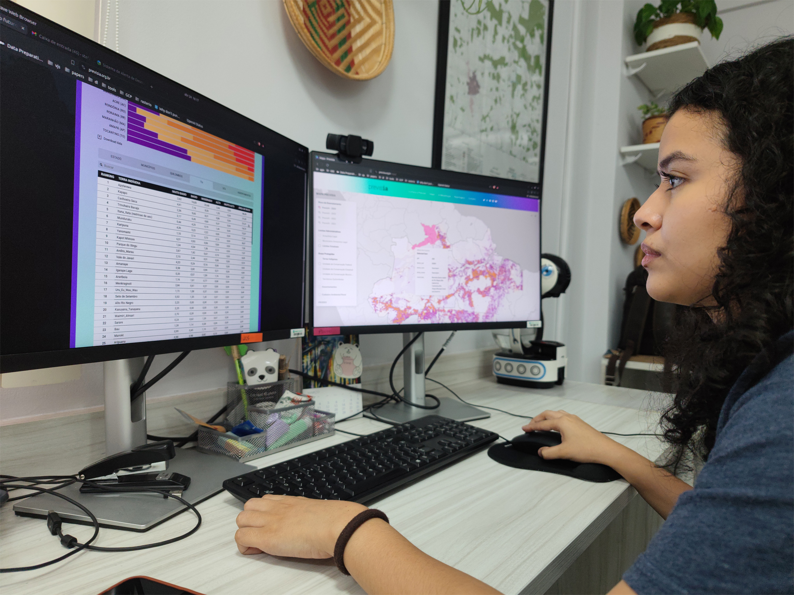 Mujer trabajando en una computadora con dos monitores