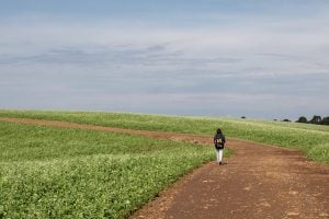 Una niña caminando por un camino de tierra al lado de un campo cultivado