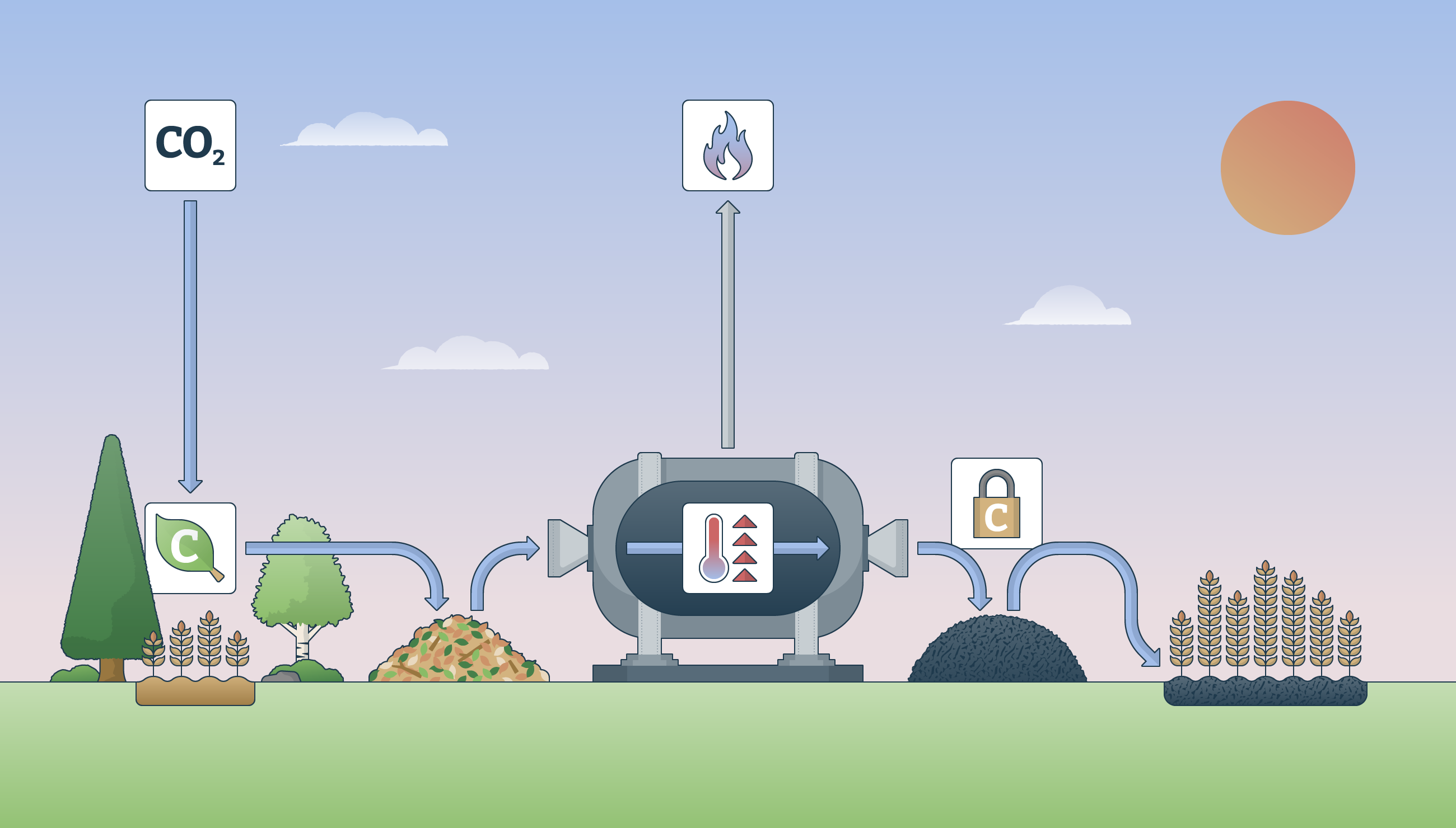 an illustration showing biochar production process removing carbon 