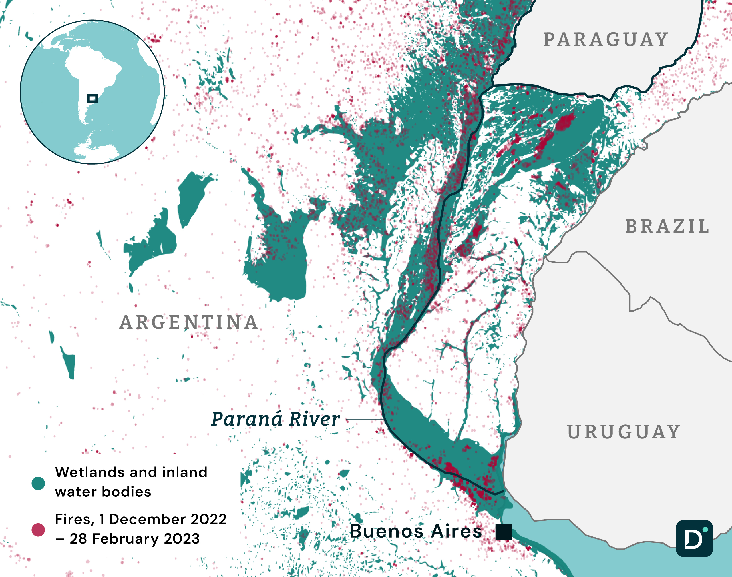 A map show incidents of fires and other thermal anomalies in the Paraná Delta
