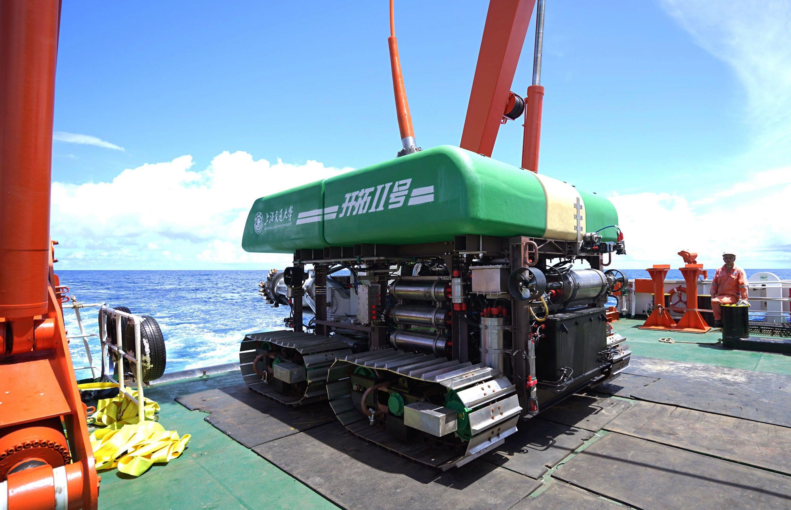 <p>Pioneer II, a deep-sea mining vehicle developed by Shanghai Jiao Tong University, photographed in June 2024. The vehicle completed a mining trial at a depth exceeding 4km, a national record (Image: Shanghai Jiao Tong University / Handout via Xinhua)</p>