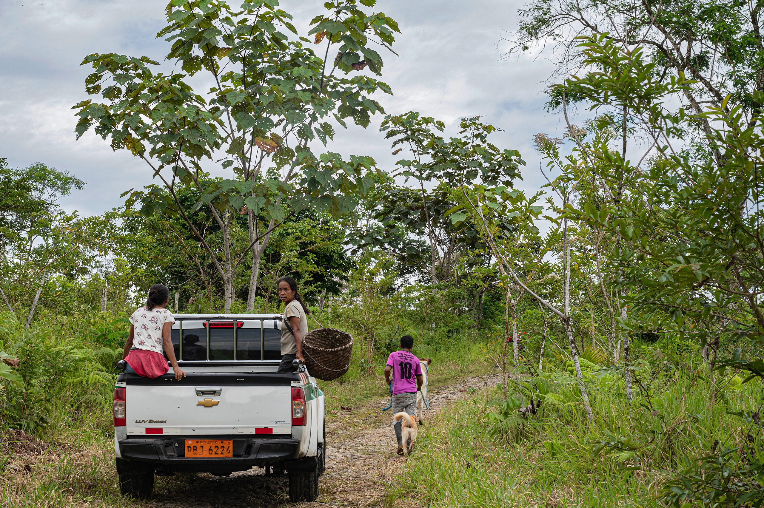 two people sitting on back of pickup truck traveling on dirt path