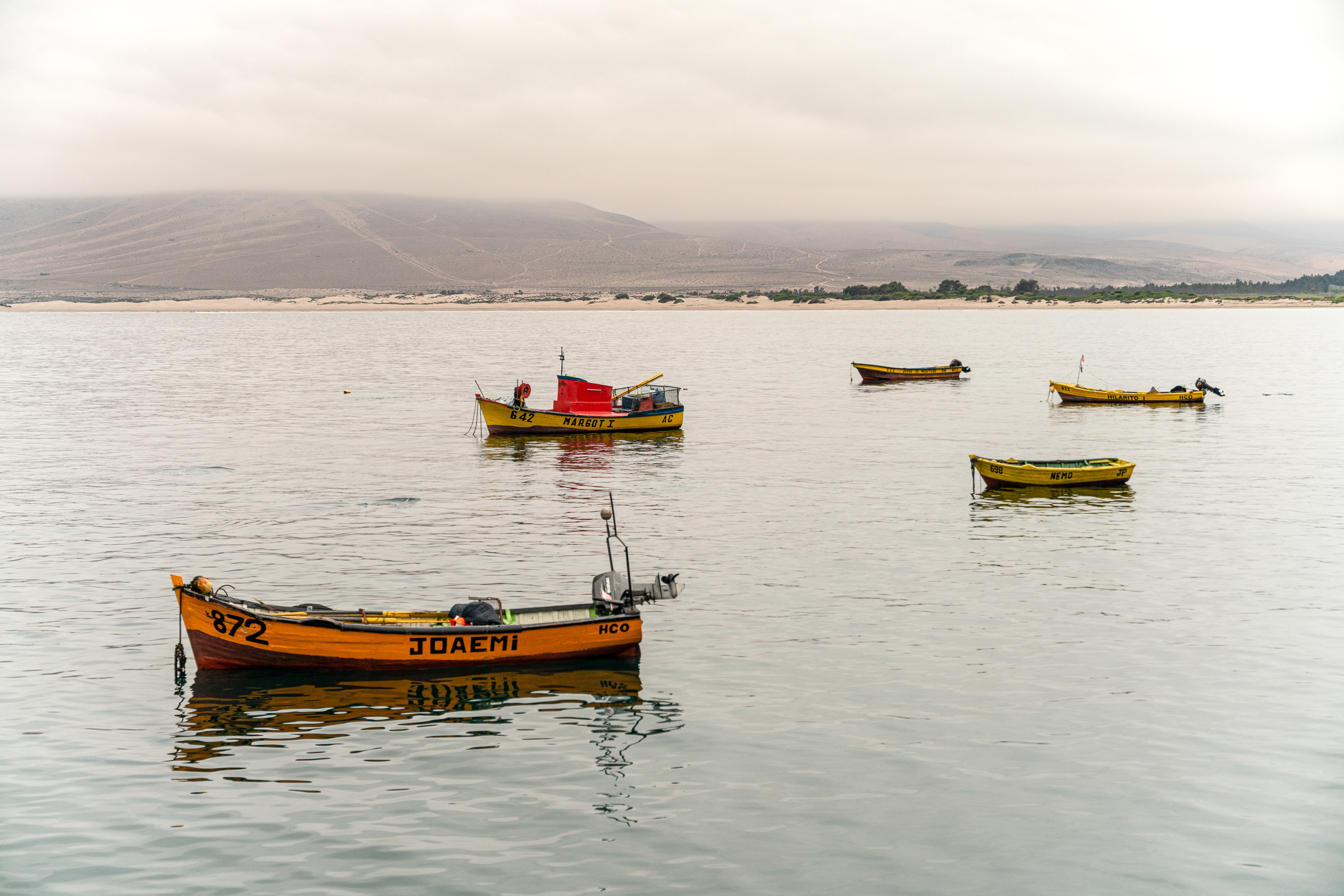 Pequenas embarcações de pescadores nas águas de Huasco