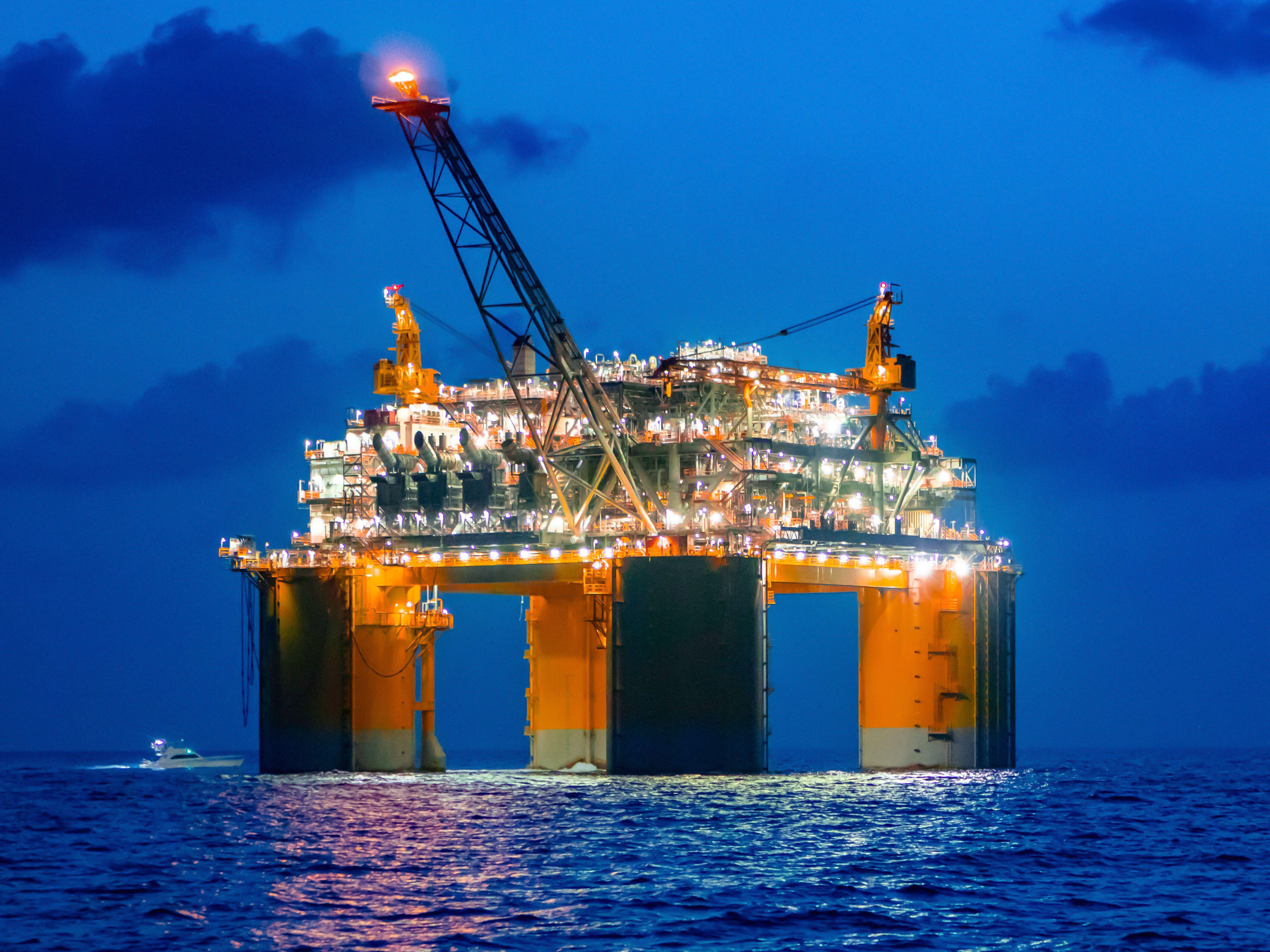 <p>An oil platform in the Gulf of Mexico. Industry is a major source of ocean light pollution – a problem that has received minimal attention to date (Image: Cavan Images / Alamy Stock Photo)</p>