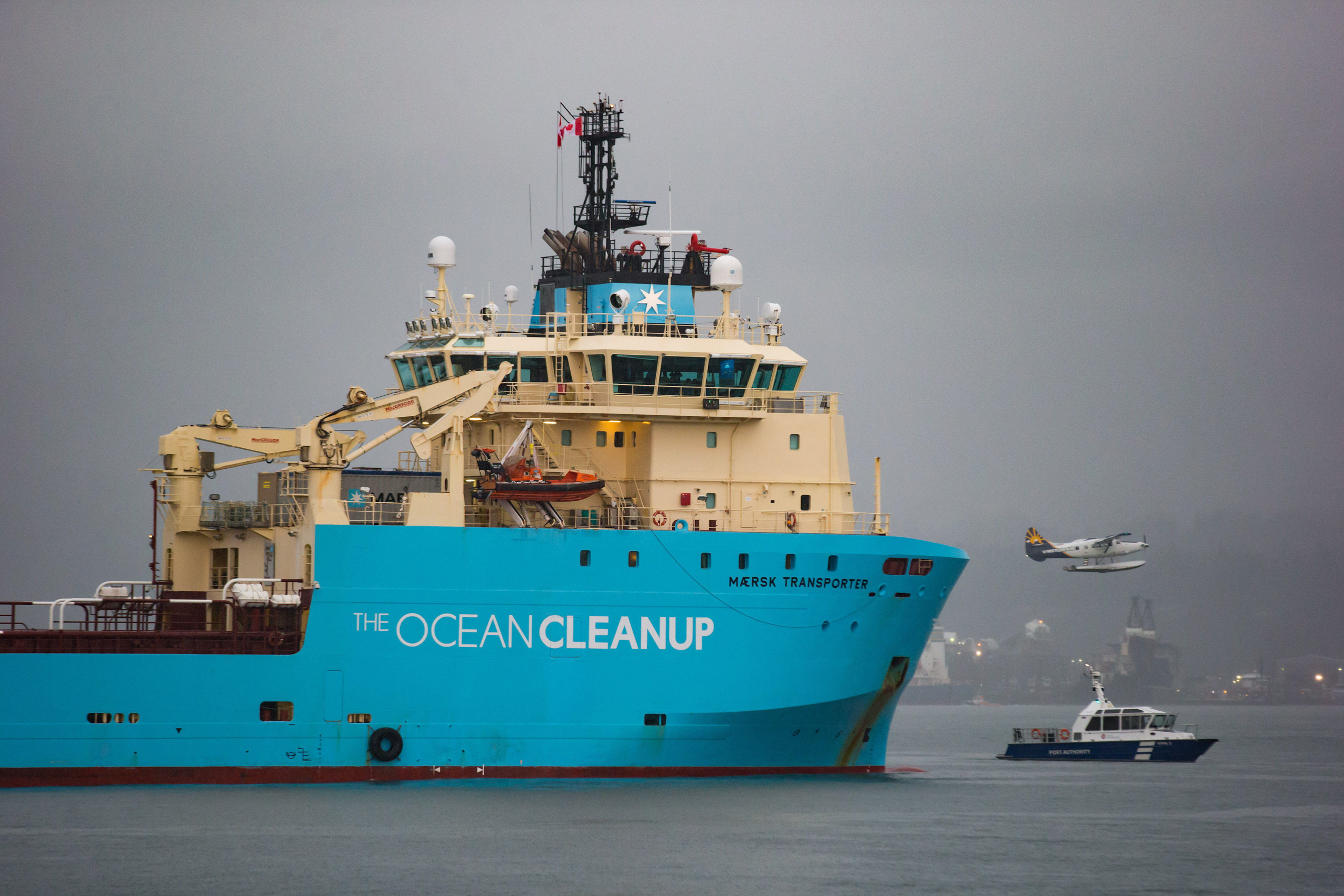 large blue ship marked The Ocean Cleanup 