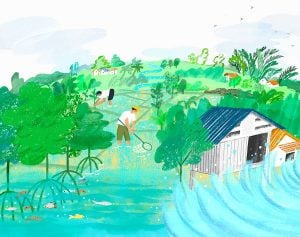 Watercolor illustration of a house in the water and two people working in the background