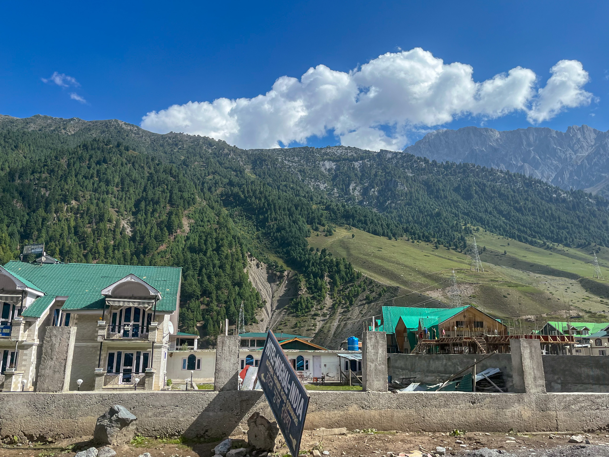 buildings beneath forested hill