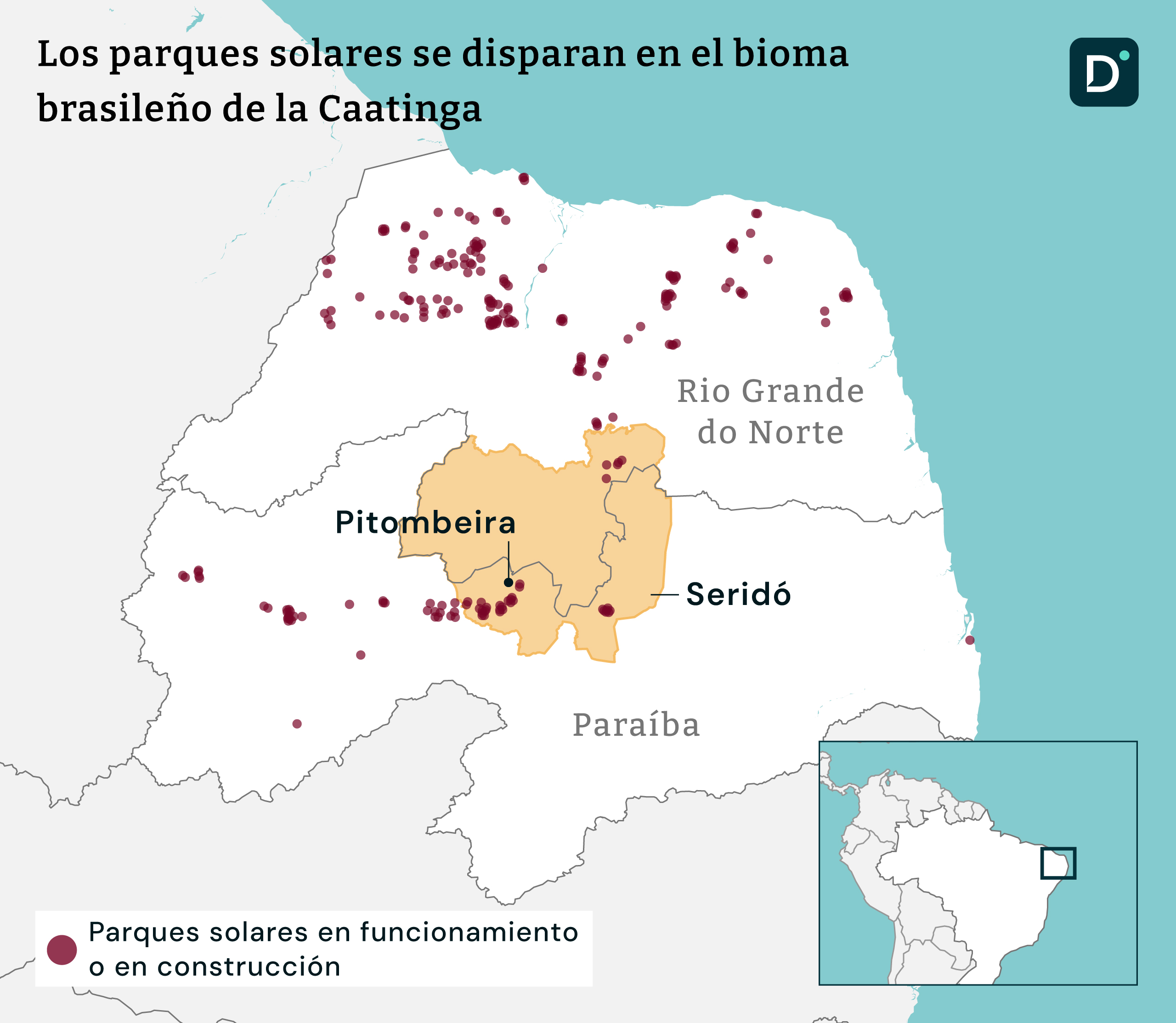 Mapa que muestra centrales solares en el bioma de la Caatinga en Brasil