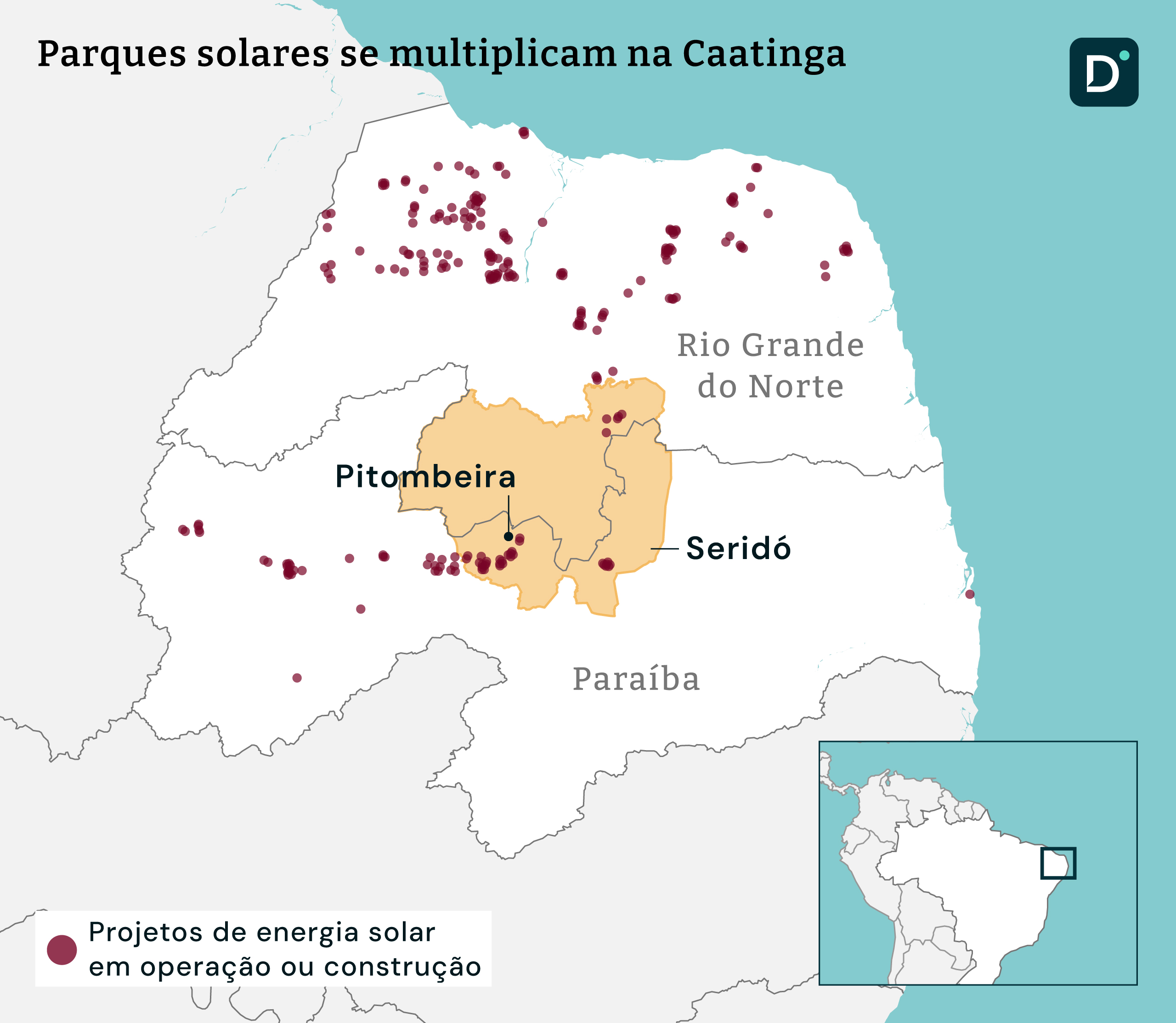 Mapa dos parques solares na caatinga, com os pontos no Seridó e no quilombo Pitombeira