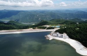 Aerial view of a reservoir of a hydropower station