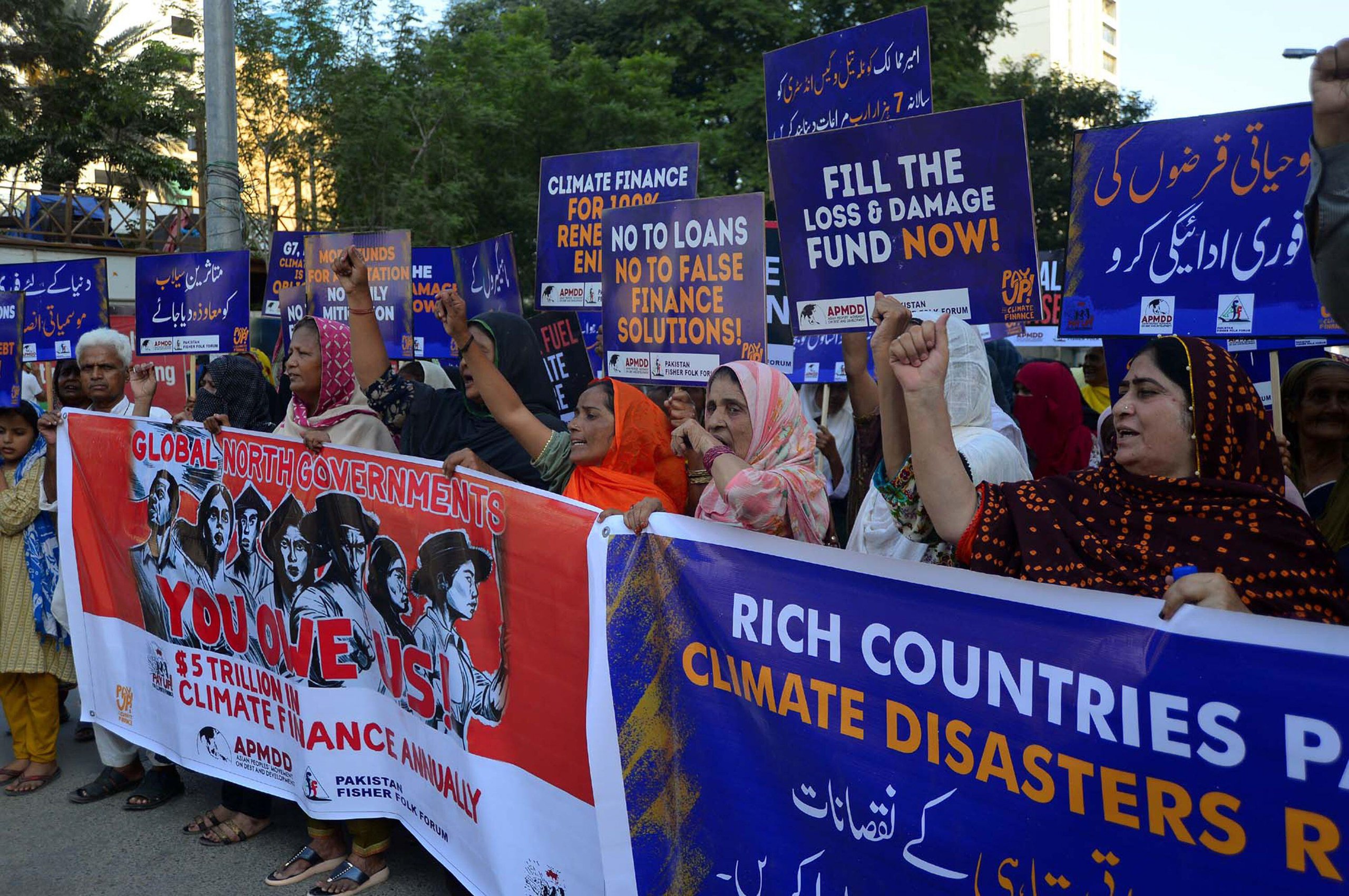 <p>Climate and human rights activists in a rally organised by the Asia Peoples&#8217; Movement on Debt and Development at Karachi Press Club, Pakistan in September, 2024 (Image: Pakistan Press International / Alamy)</p>