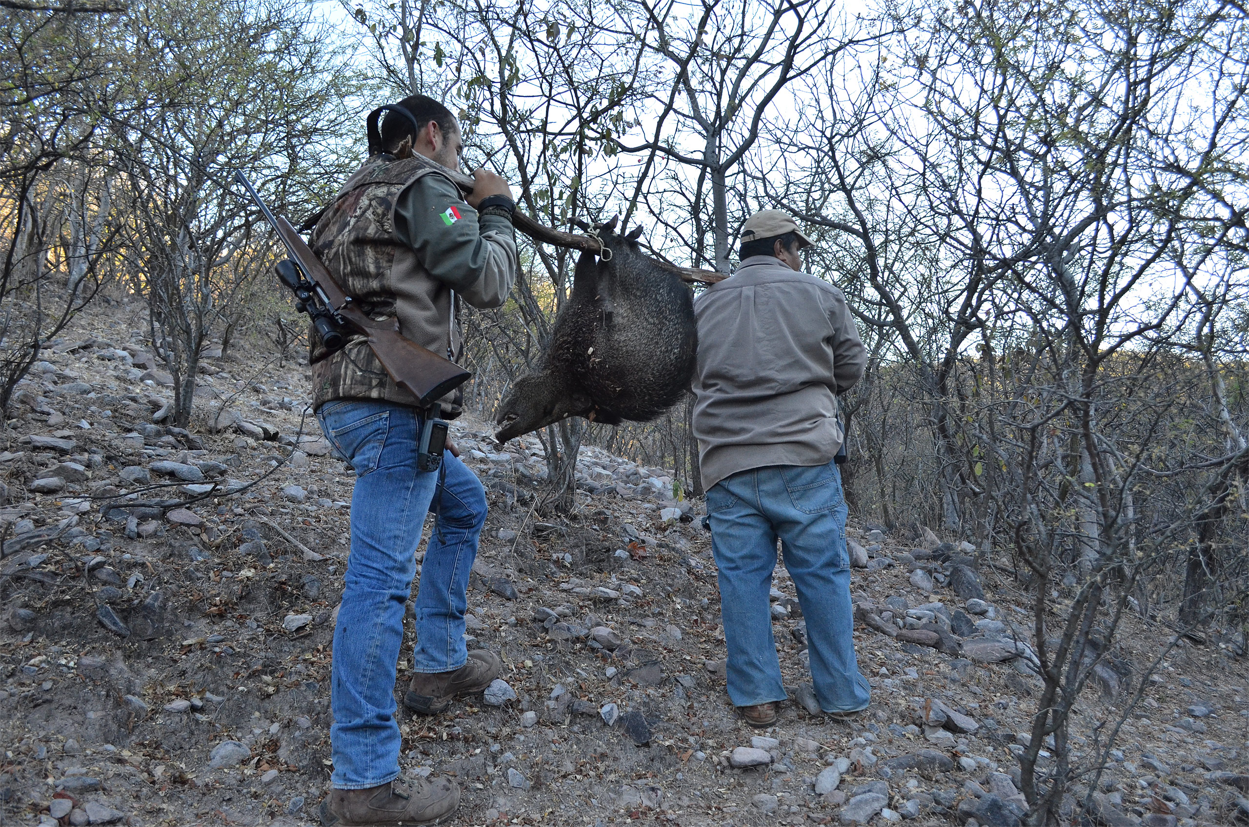 Dos hombres cargando un animal cazado