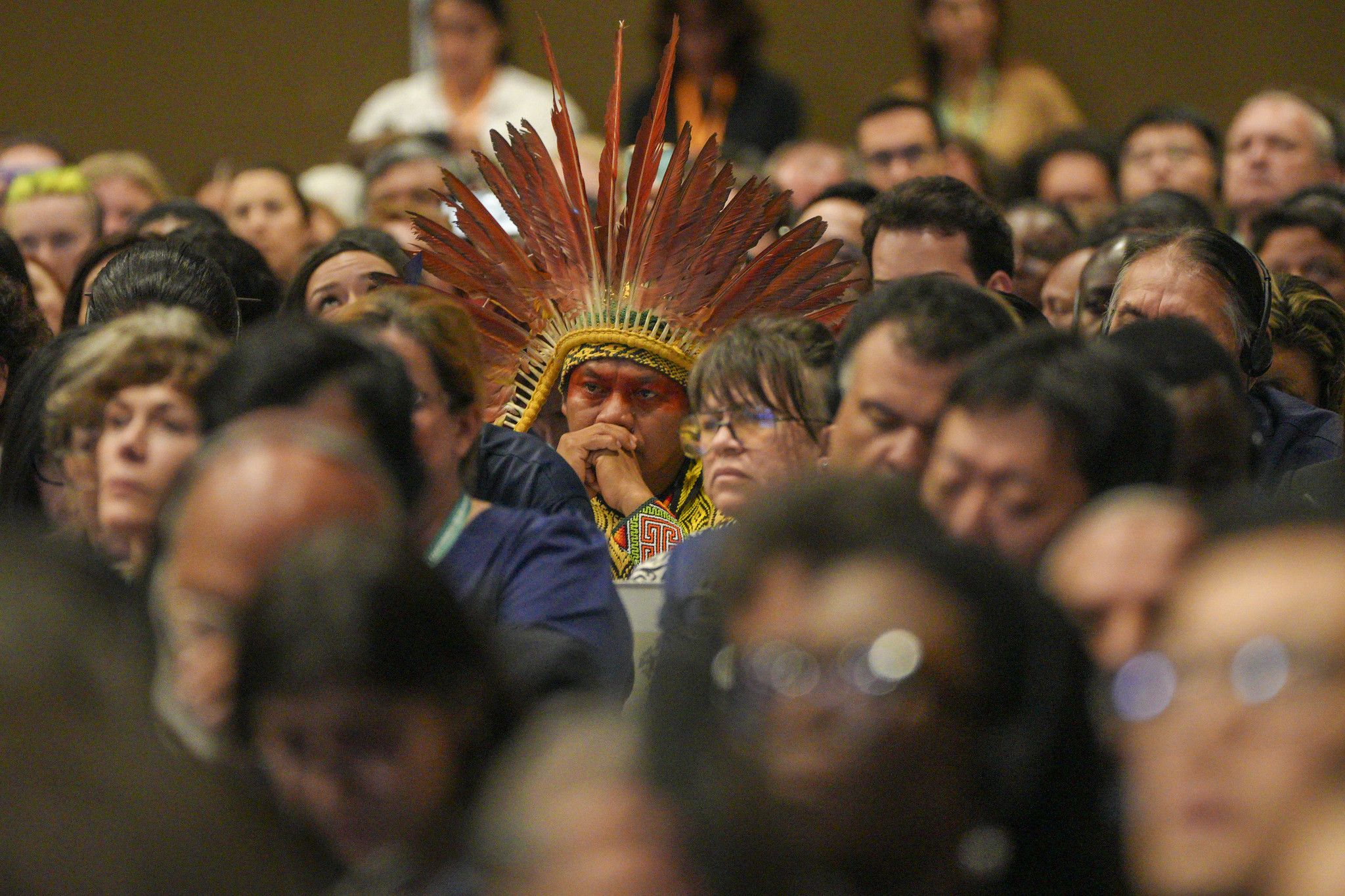man wearing indigenous headdress among crowd