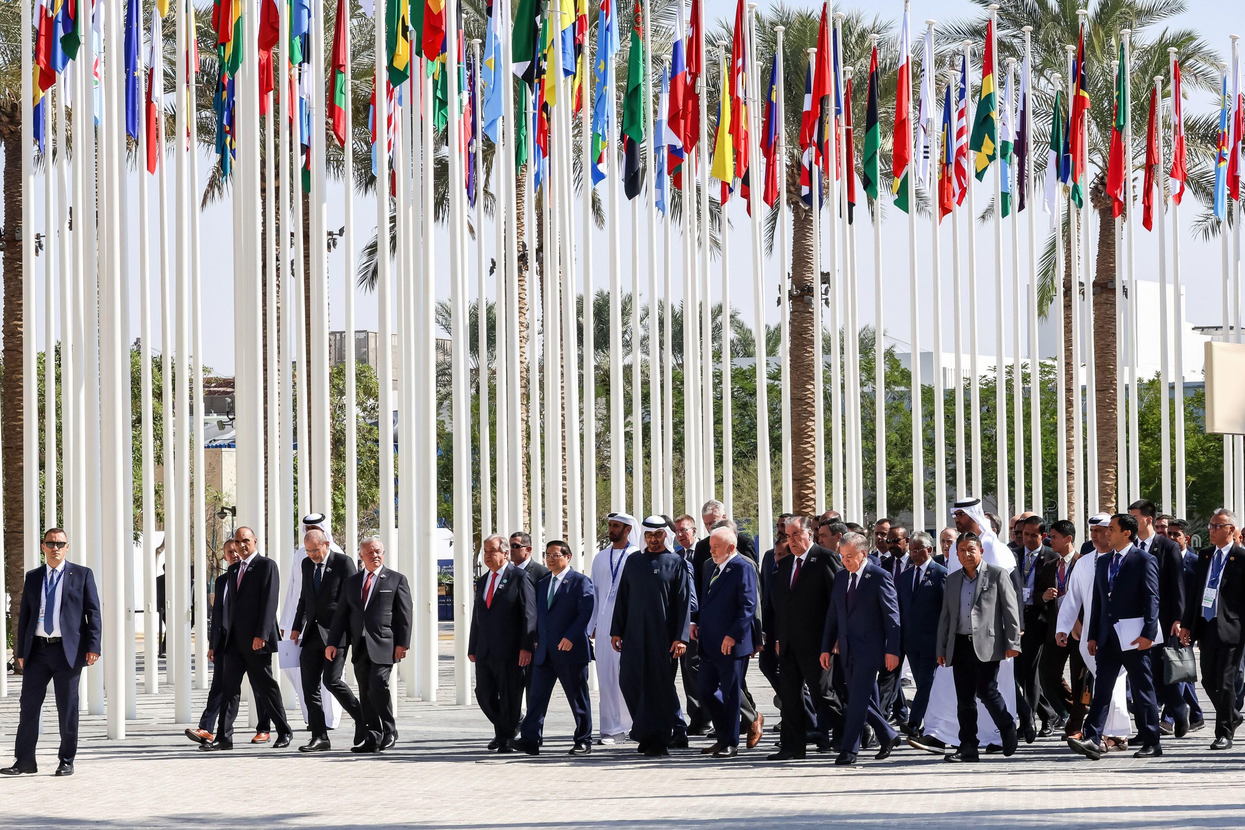 <p>Heads of state arrive at the opening session of the World Leaders Summit at COP28, Dubai, in 2023. Women in significant and powerful roles remain underrepresented at such gatherings (Image: SOPA Images / Alamy)</p>