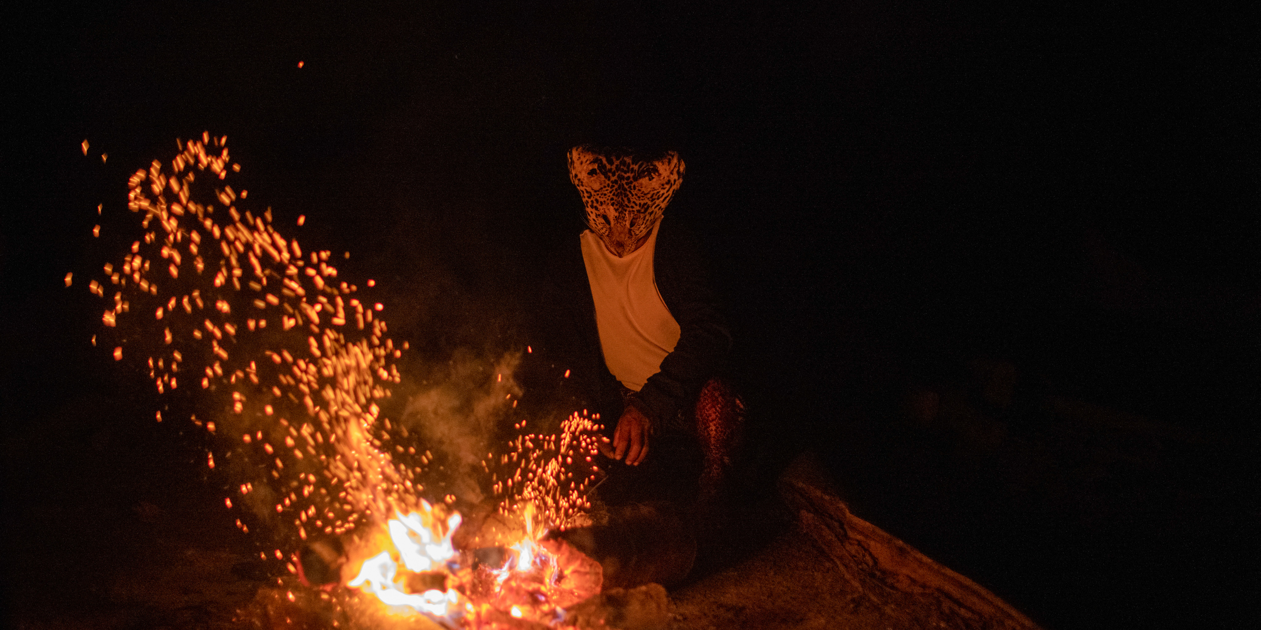 <p><span style="font-weight: 400;">Tani Gaya Kawanawá, a Yawanawá Indigenous shaman, wears a jaguar mask during an ayahuasca ceremony initiating a younger man, Xinã Yura, as a shaman, in the Macuã community, in Brazil’s Amazonian state of Acre (Image: Victor Moriyama / Dialogue Earth)</span></p>