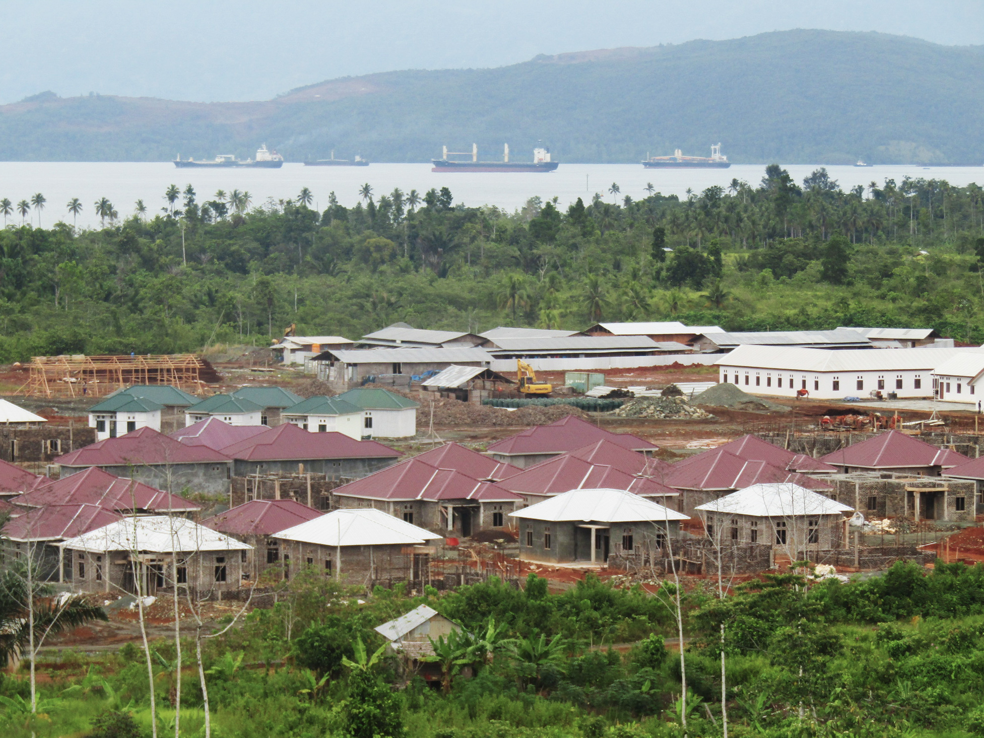 rows of houses being constructed, with forests and water in the background