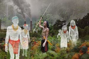 A man holding a spear stands among a group of people in a forest