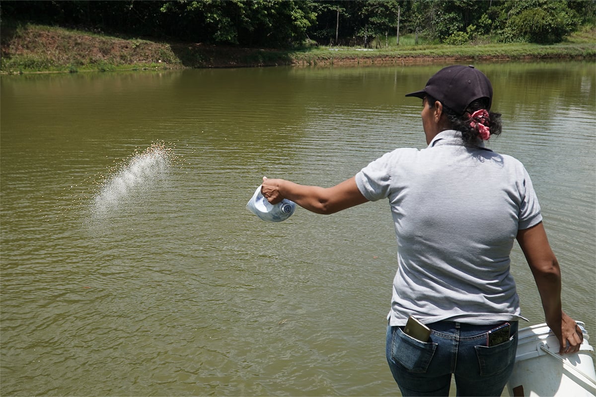 woman throwing white flakes into river