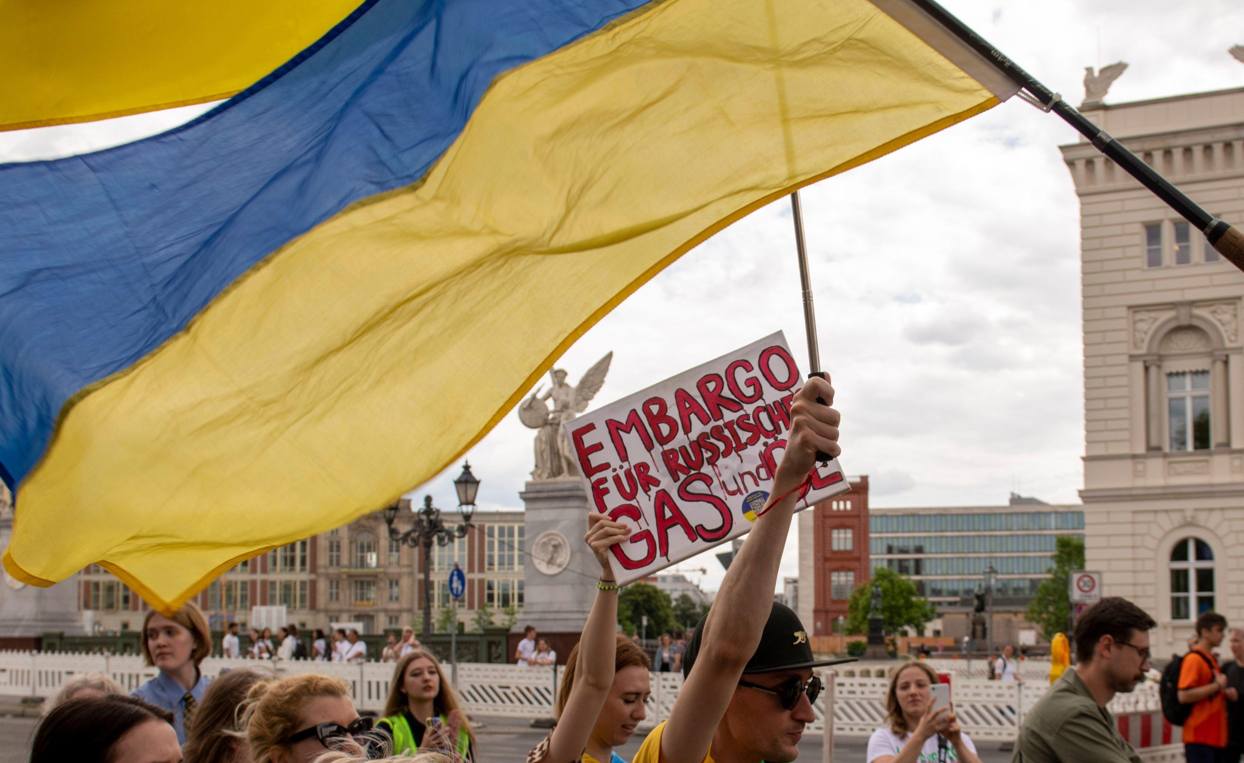 crowd holding protest signs and flags