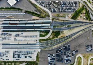 aerial view of rows of parked cars