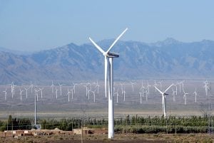 Wind turbines at a wind farm in a mountain area