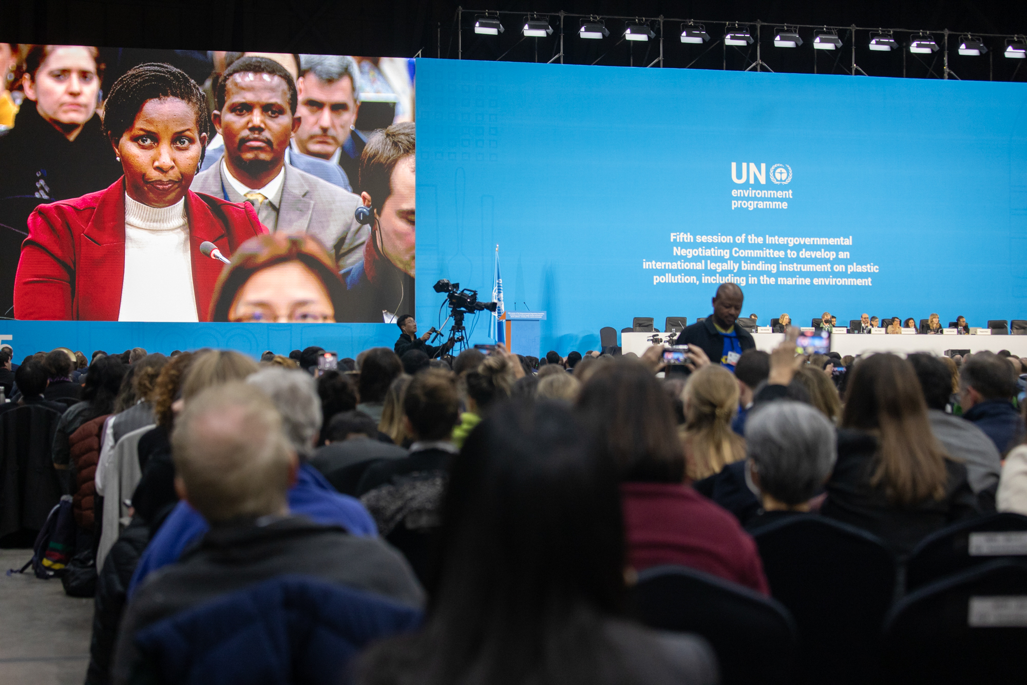 crowd observing projection