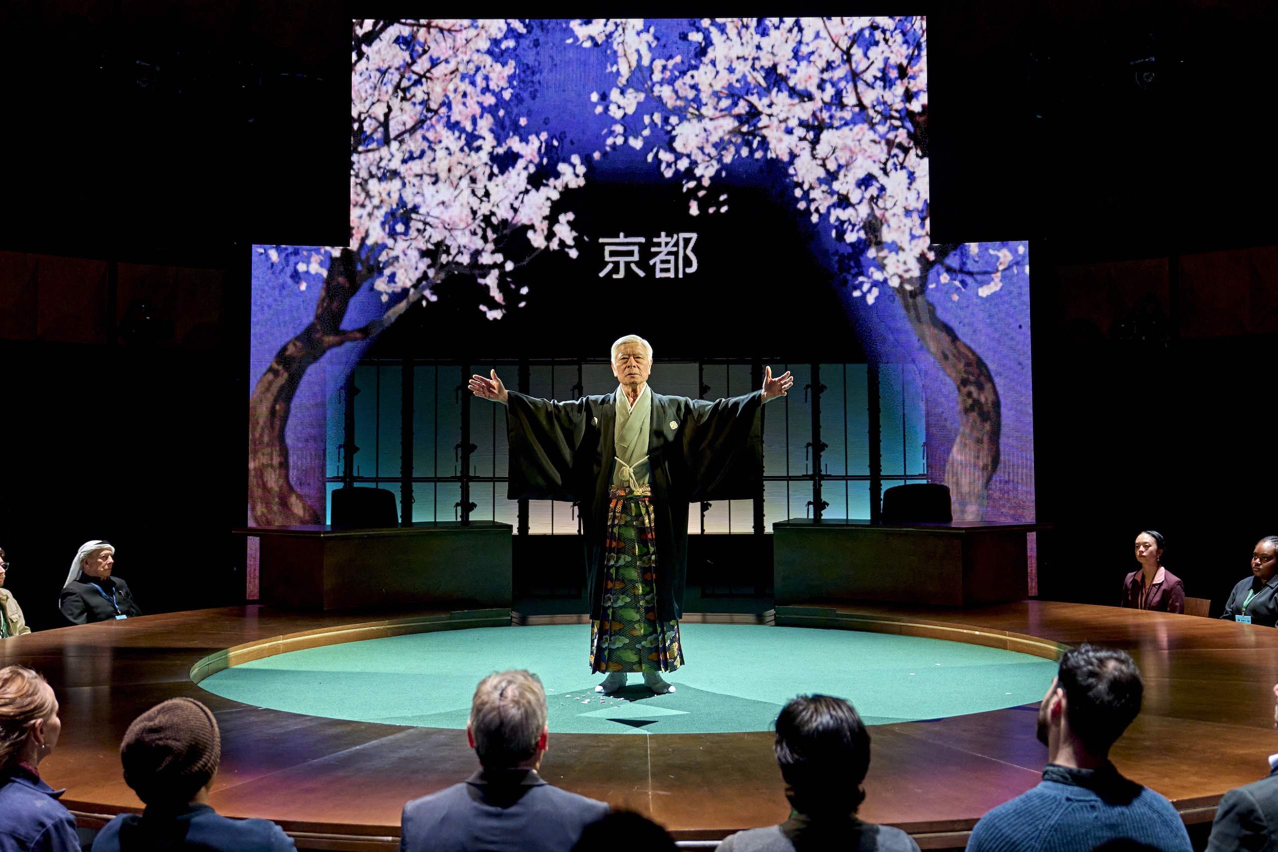 Actor Togo Igawa on stage in Kyoto the play wearing a kimono