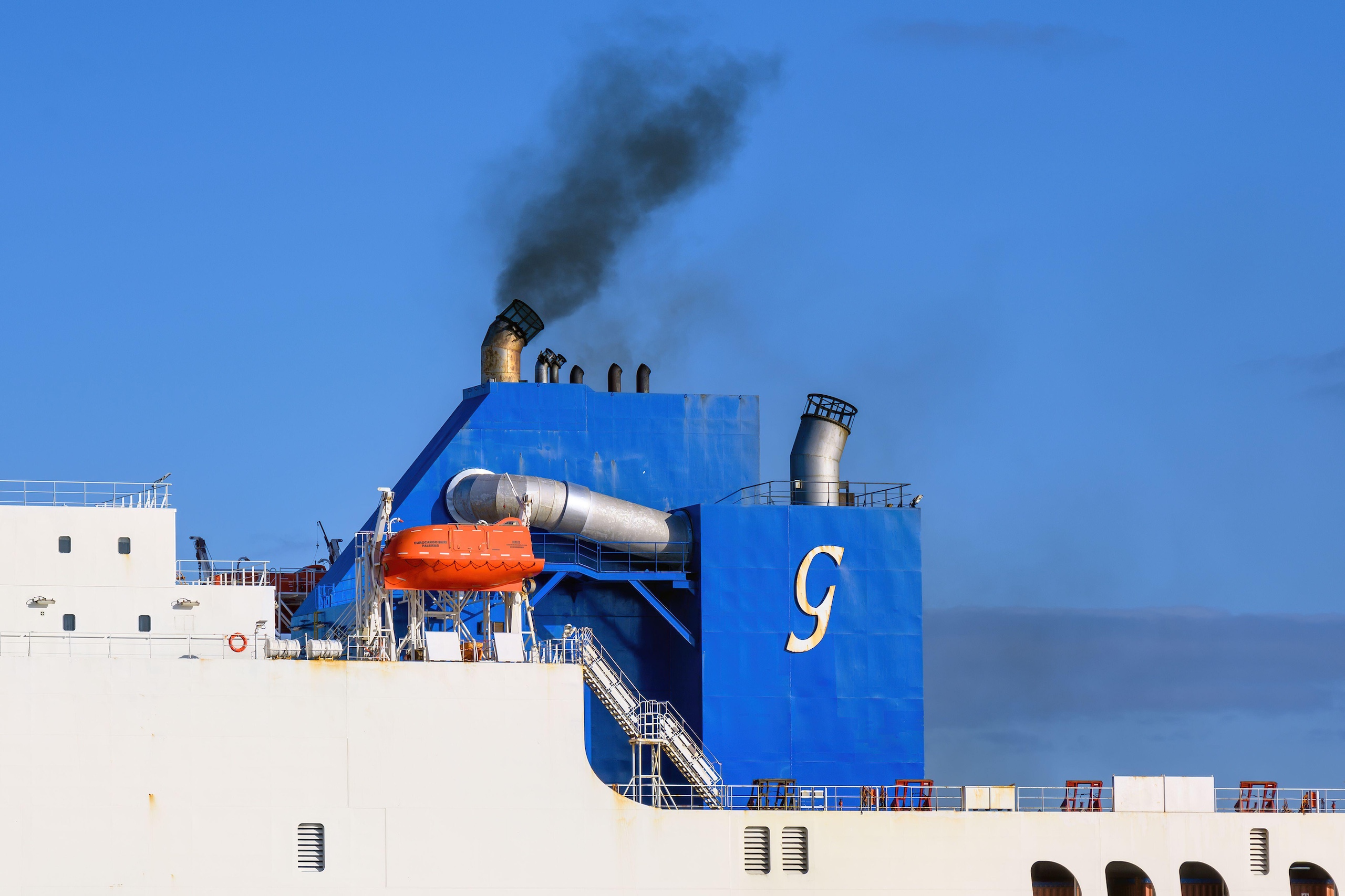 the funnel and scrubber on a cargo ship