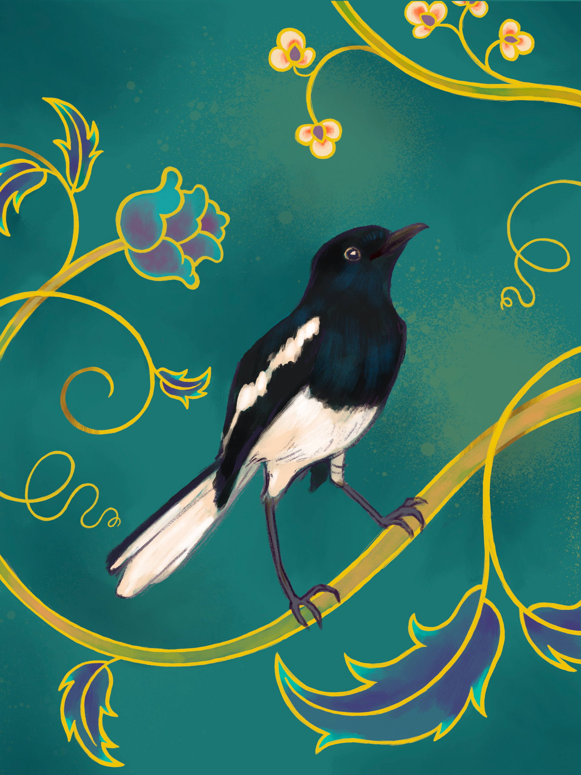 An illustration of an oriental magpie robin stands on a tree branch