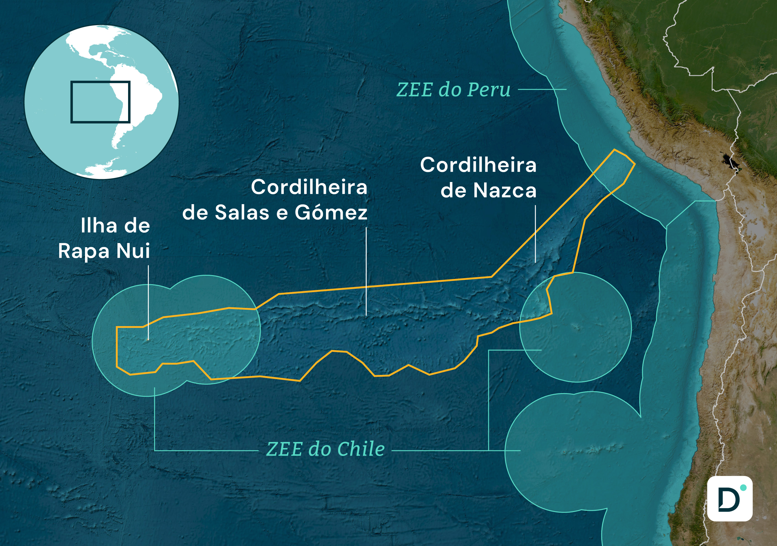 Mapa das cordilheiras submarinas Salas e Gómez e Nazca