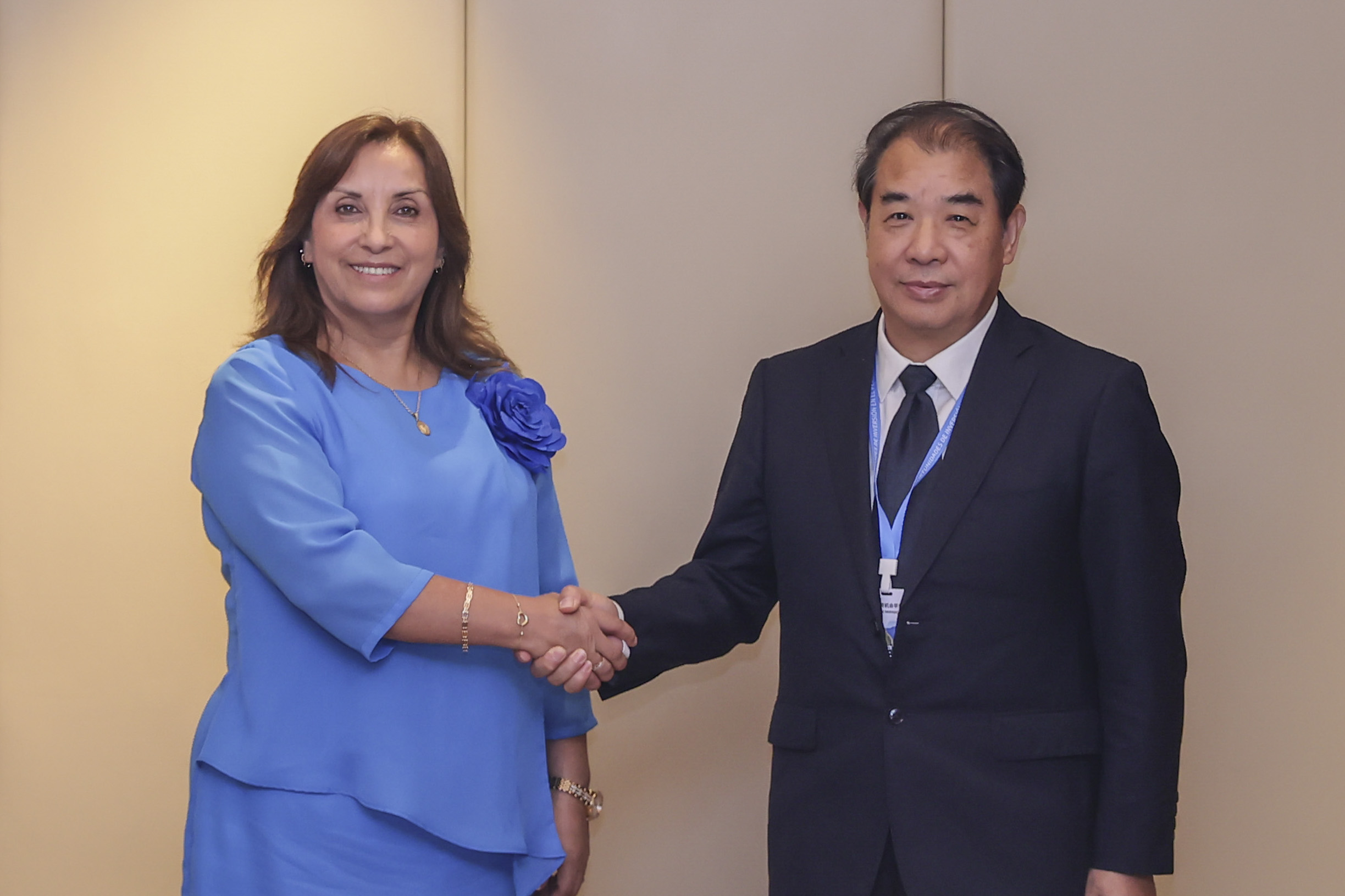 A man and woman shaking hands against a wall