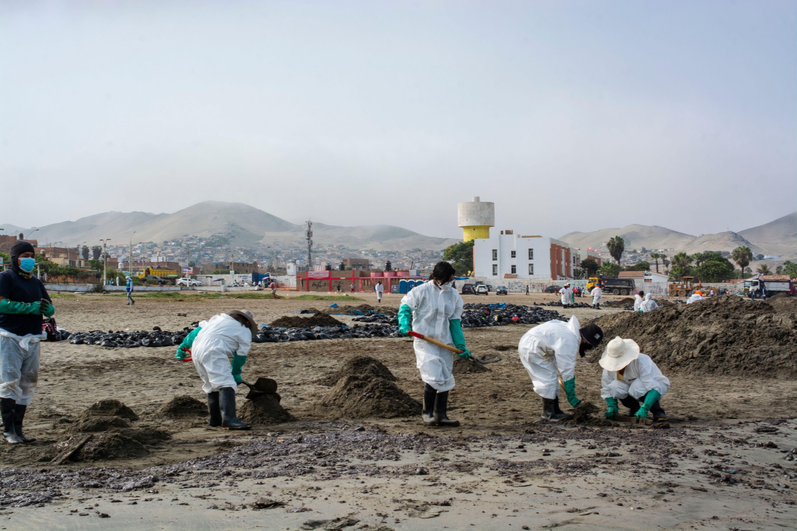 Personas vestidas con trajes blancos limpiando una playa