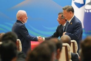 Brazilian President Luiz Inácio Lula da Silva greets his Colombian counterpart Gustavo Petro and Chinese President Xi Jinping in a summit