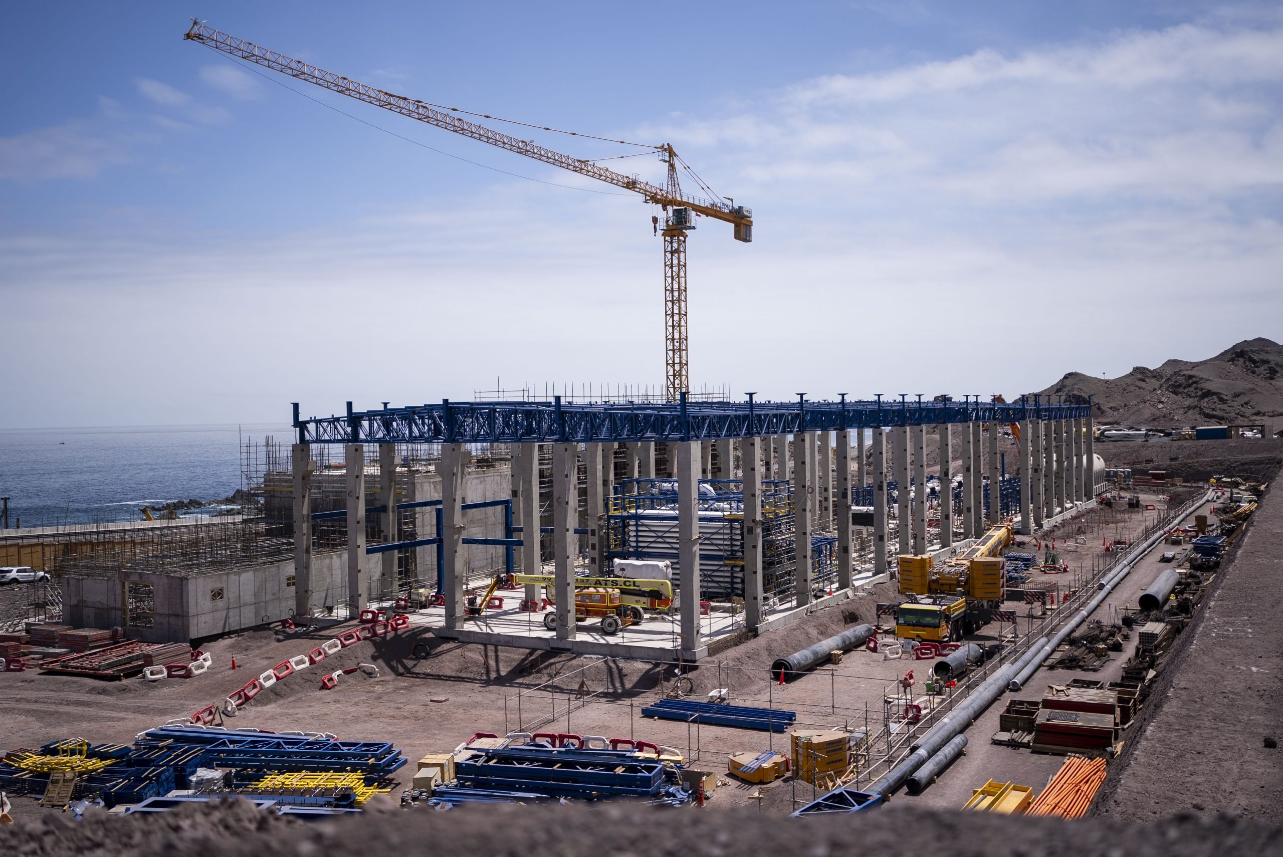 Construção da nova usina de dessalinização da Codelco em Antofagasta, norte do Chile