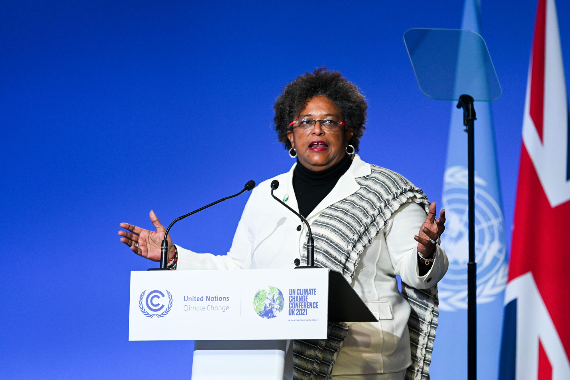 Primeira-ministra de Barbados, Mia Mottley, fala na conferência climática COP26 em Glasgow, Reino Unido, 2021