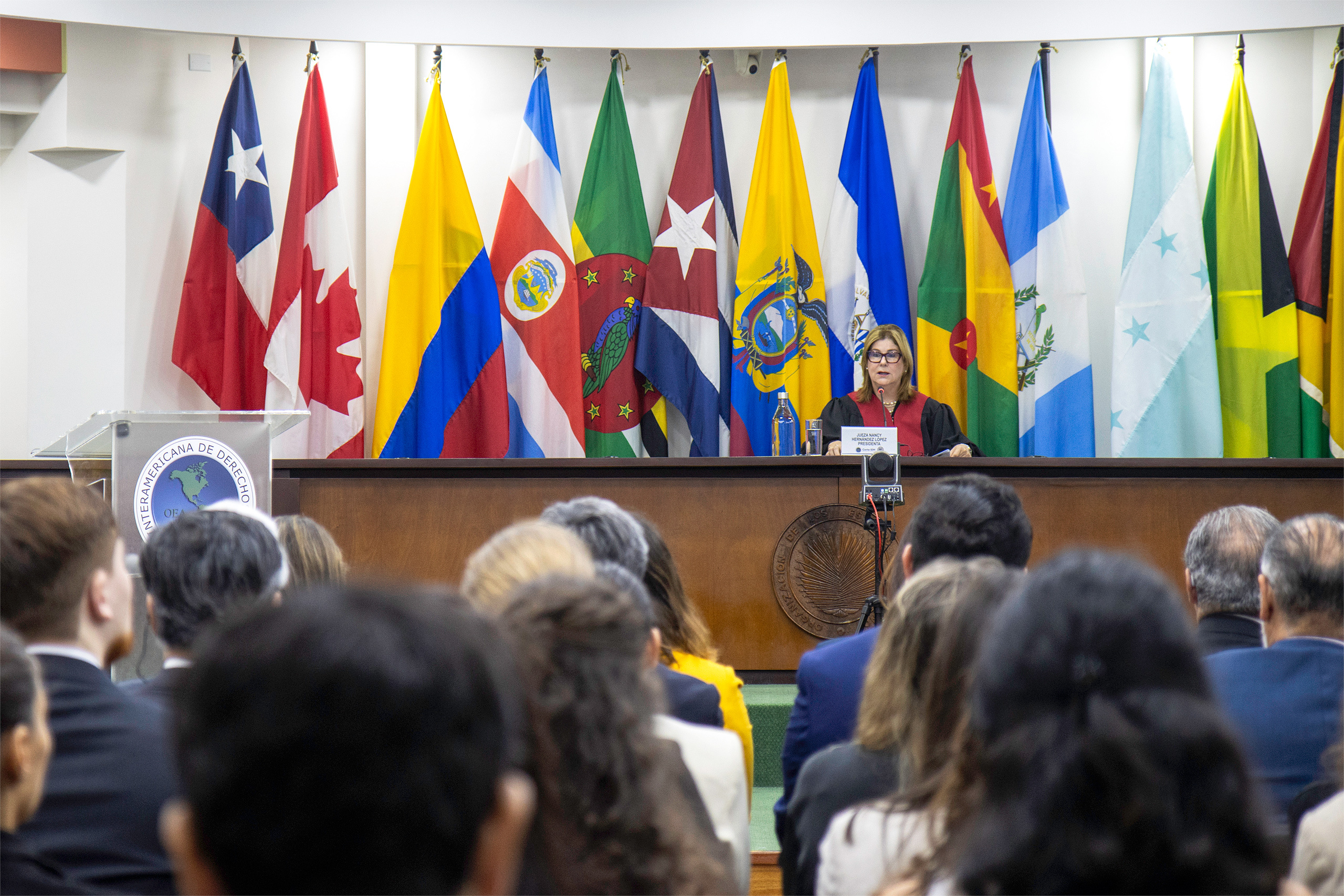 Una jueza en un atril, con banderas de distintos países detrás